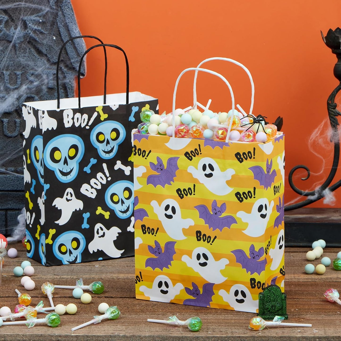 JOYIN 24 Pcs Halloween Paper Goodie Bags with Handles in 6 designs for Halloween Trick or Treat, Colorful Candy Bags for Party Favor, Party Supplies