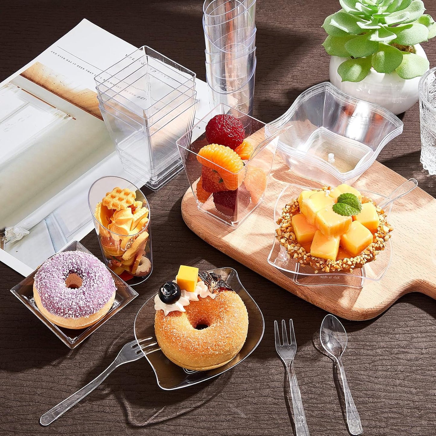 Tessco for you 160 Pcs Mini Appetizer Plates Dessert Cups Spoons Forks Set Dessert Containers Assorted Shape Plastic Parfait Cups Disposable Spoon Forks for Party Serving (Clear)