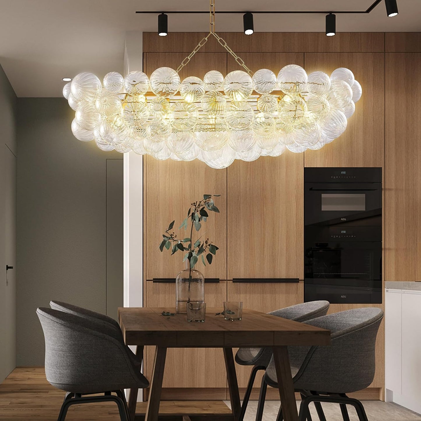 Nordic Bubble Ball Swirled Glass Chandelier, 36" Long Rectangular Chandeliers Island Light Fixture Gold and Clear Blown Glass Large Pendant Light Fixture for Bedroom Study Restaurant Dining Table