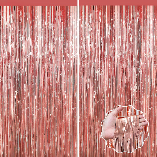 Rose Gold Tinsel Backdrop Birthday Decorations, 2Pack Foil Curtains Metallic Photo Backdrop Foil Fringe Curtains, Party Streamers Supplies for Wedding Xmas Graduation Bachelorette Disco Door Decors