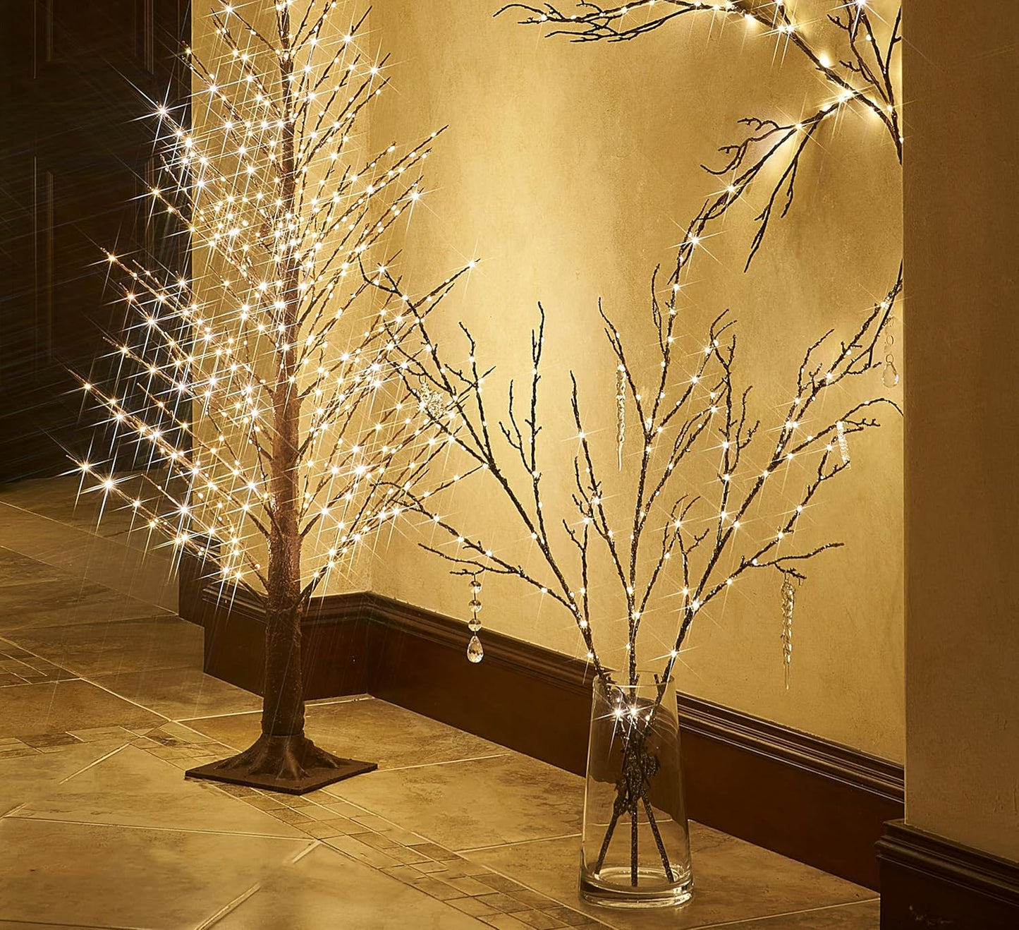 Fudios Lighted Willow Branches Christmas Glitter Battery Operated 32IN 120 LED Fairy Lights, Brown Branch Lights for Home Holiday Decoration Indoor Outdoor