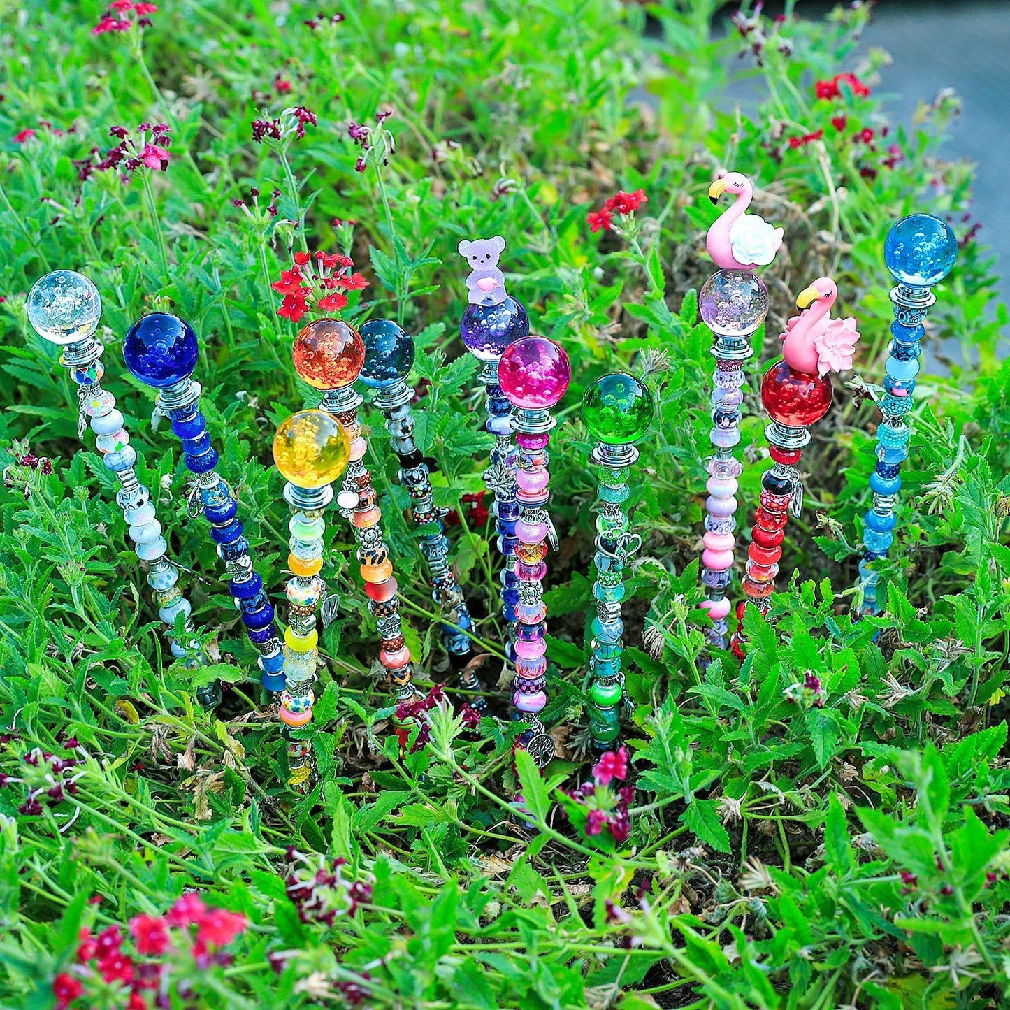 AIPRIDY 238 Pcs DIY Fairy Wand Garden Stakes Kit,Multiple Color Scheme European Beads Crystal Diamond Tops and 12 or 10 Inch Threaded Rods,Stainless Steel Stakes with Diamond Toppe(Inner Bubble)