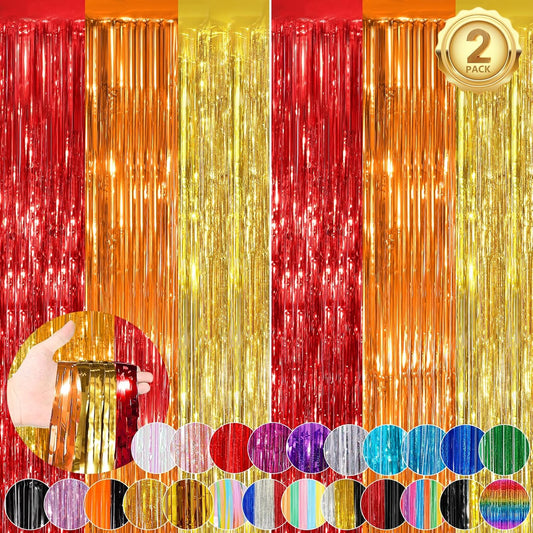 red orange gold Fringe Curtain Party Streamers 2Pack 3.3 x 8.3 Ft Foil Fringe Backdrop Curtains for Birthday Wedding Bridal Baby Shower Holiday Tinsel Streamers Rainbow Party Decorations Door Streamer