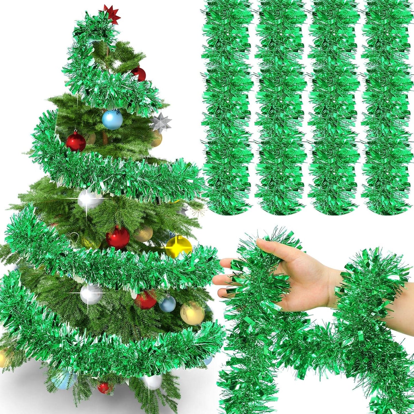 72 Feet Christmas Tinsel Garland Shiny Metallic Tinsel Twist Garland Streamers Ornaments Long Glitter Christmas Tree Hanging Decorations for Party Holiday Wedding Birthday Tree Wall Rail (Green)