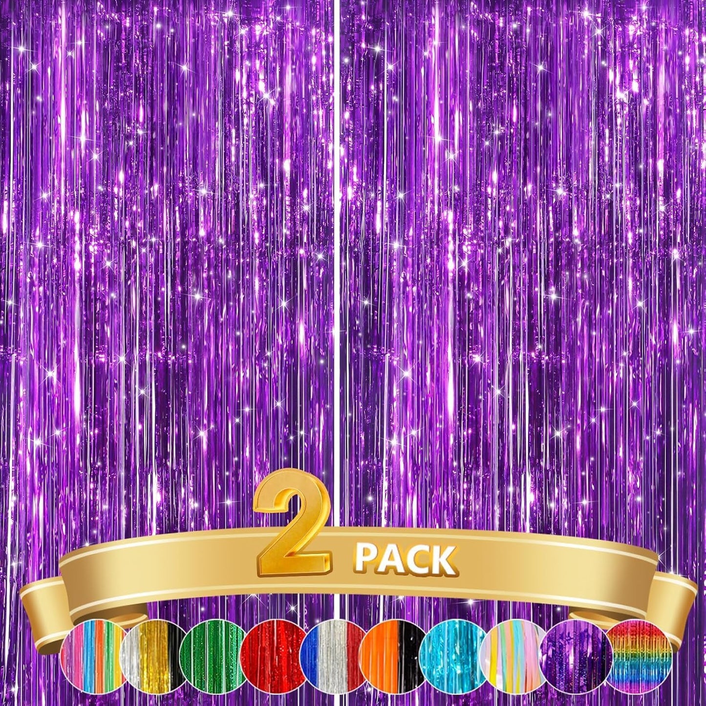 GCB 2Pack Purple Metallic Tinsel Foil Fringe Curtains, Door Streamers Photo Booth Backdrop for Birthday Party Wedding, Purple Curtain Backdrop for Baby Shower Bachelorette Christmas Party Decorations