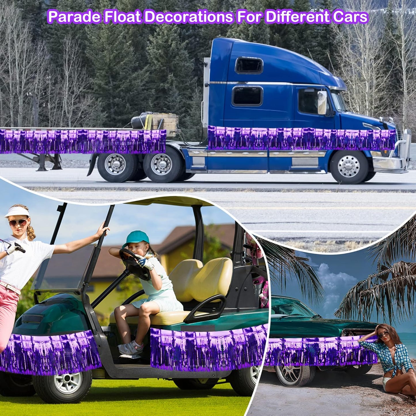 4 Pack Iridescent Fringe Float Curtain, Metallic Foil Fringe Garland Wall Hanging Drapes Tassel Foil Float for Parade Float Trailer, Birthday Holiday Outdoor/Indoor Party Decoration (Purple)