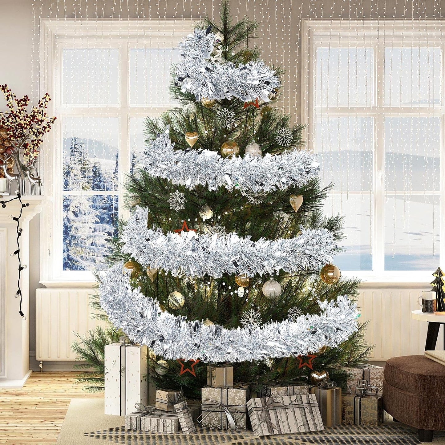 72 Feet Christmas Tinsel Garland Shiny Metallic Tinsel Twist Garland Streamers Ornaments Long Glitter Christmas Tree Hanging Decorations for Party Holiday Wedding Birthday Tree Wall Rail (Silver)