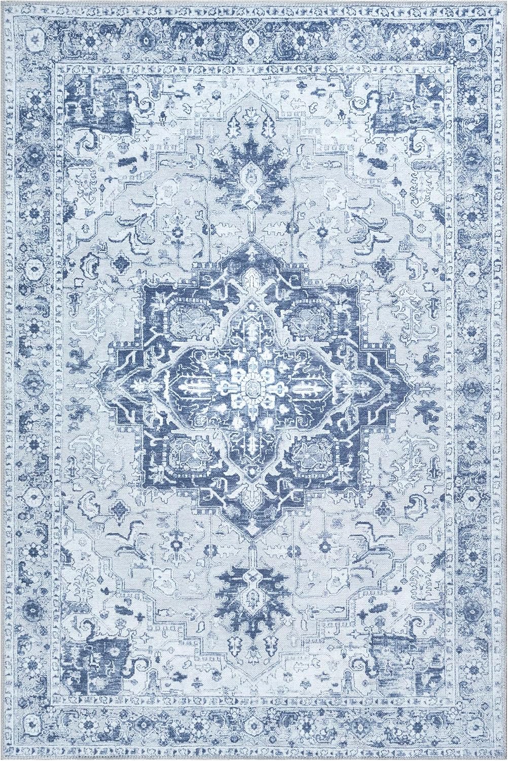 Bloom Rugs Washable Non-Slip 4' x 6' Rug - Gray/Blue Traditional Medallion Area Rug for Living Room, Bedroom, Dining Room, and Kitchen - Exact Size: 4' x 6'