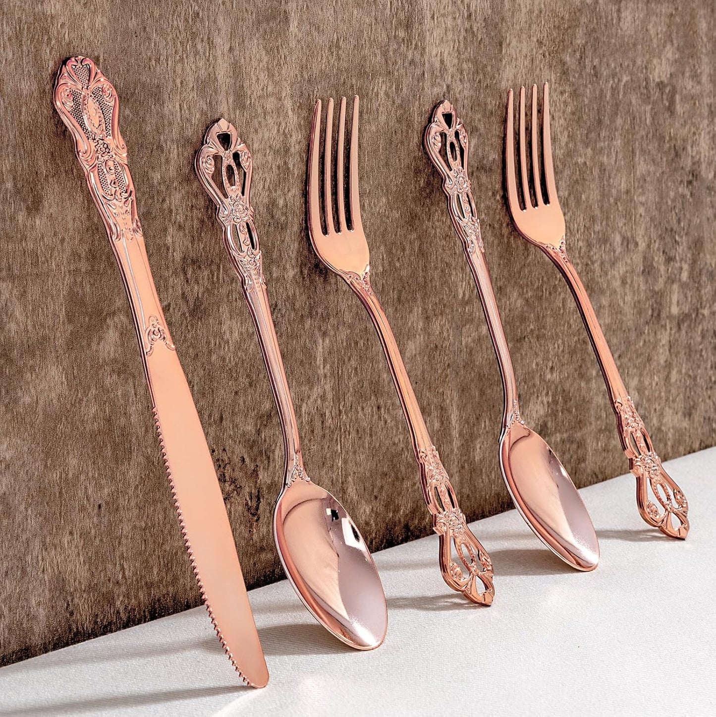 40PCS Rose Gold Plastic Silverware - Heavy Duty Elegant Disposable Utensils - Rose Gold Plastic Cutlery set Includes 20Forks, 10Spoons, 10Knives for Dinner, Parties, Weddings