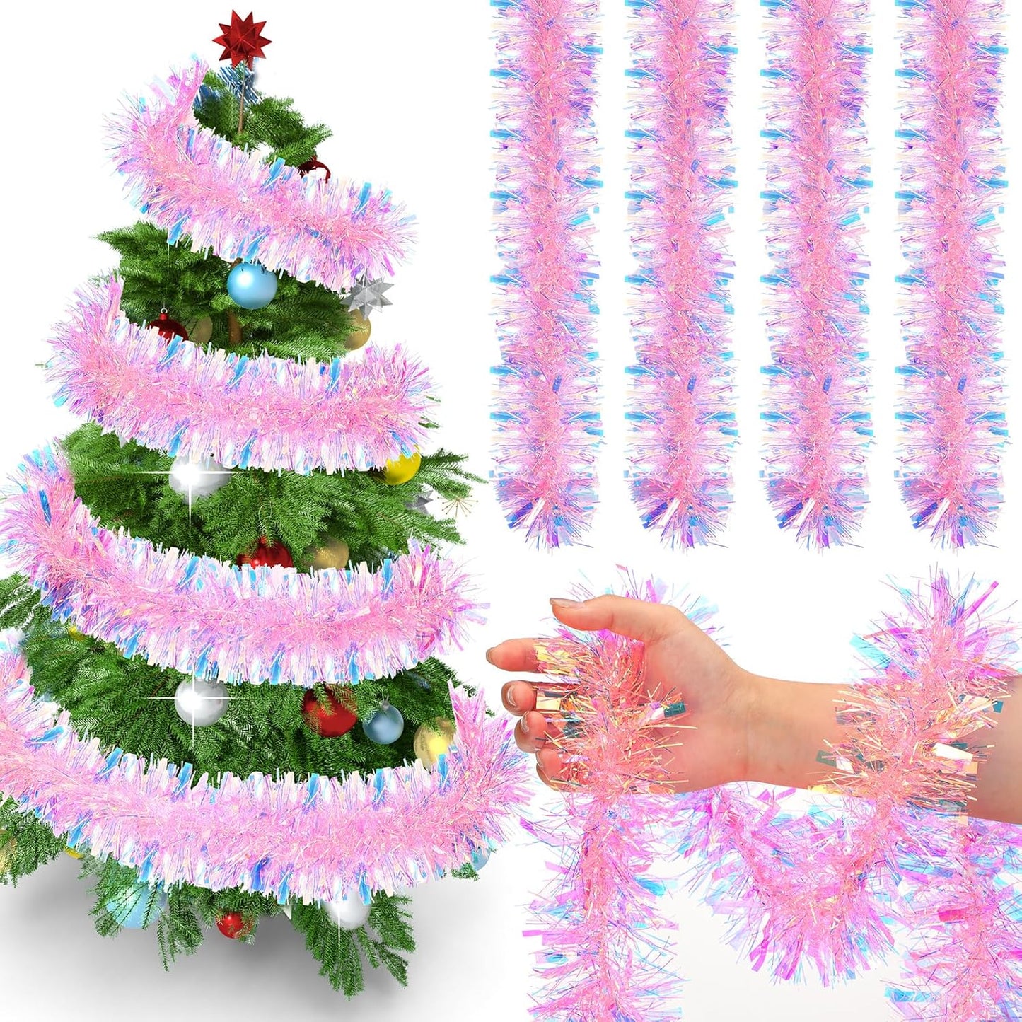 72 Feet Christmas Tinsel Garland Shiny Metallic Tinsel Twist Garland Streamers Ornaments Long Glitter Christmas Tree Hanging Decorations for Party Holiday Wedding Birthday Tree Wall Rail (Pink)