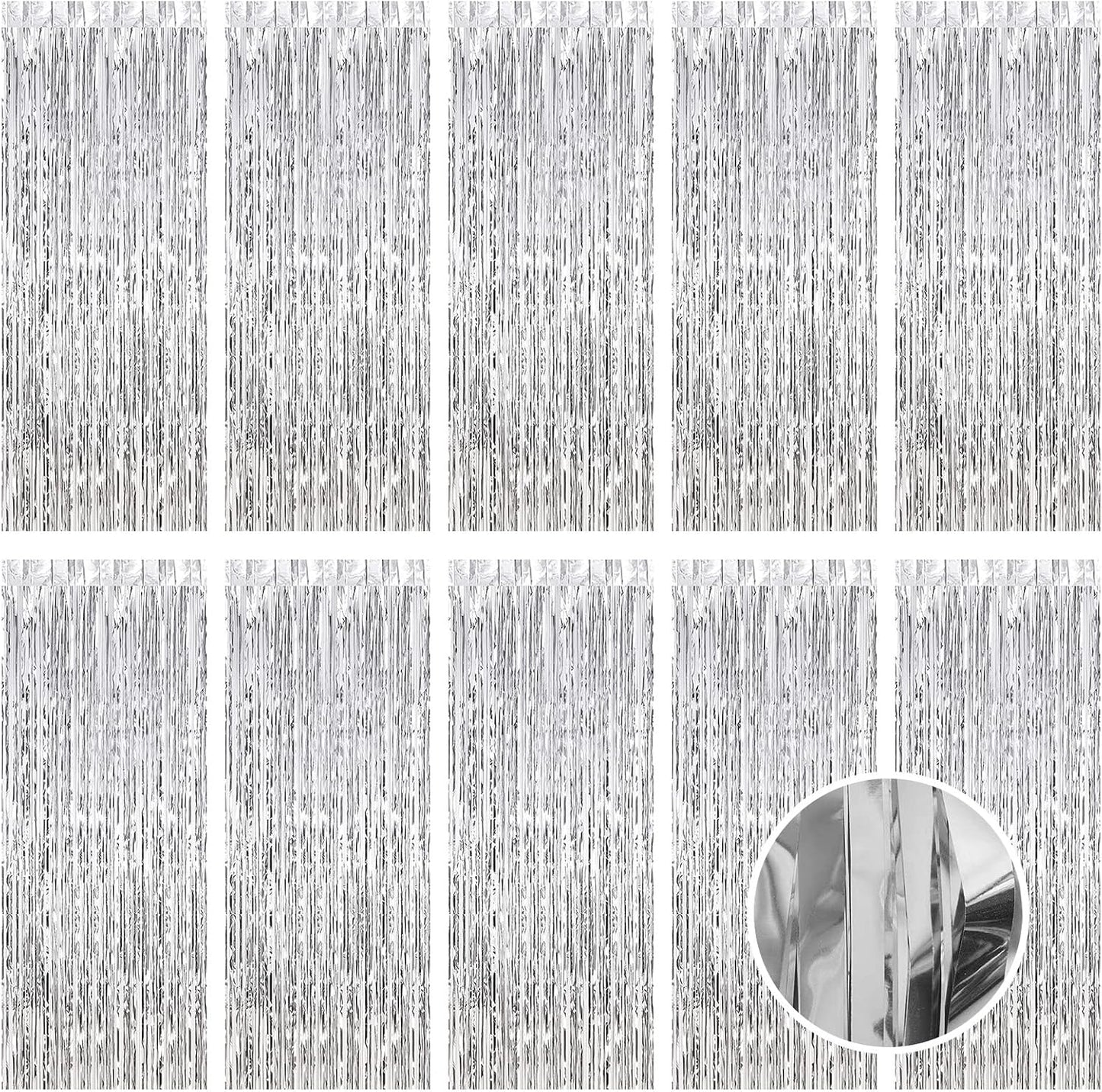 10 Pack Silver Foil Curtain Backdrop 3.2ft x 9.8ft Metallic Tinsel Foil Fringe Curtains Streamer Photo Booth Backdrop for Birthday Party Engagement Bachelorette Party Decorations (Silver)