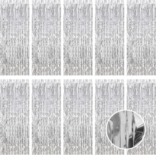 10 Pack Silver Foil Curtain Backdrop 3.2ft x 9.8ft Metallic Tinsel Foil Fringe Curtains Streamer Photo Booth Backdrop for Birthday Party Engagement Bachelorette Party Decorations (Silver)
