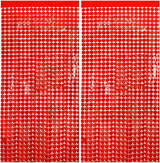 2 Pack Red Square Tinsel Party Backdrop Christmas Decorations Foil Fringe Backdrop Curtains Carnival Casino Theme Birthday New Year Holiday Celebration Bachelorette Party Decorations Supplies
