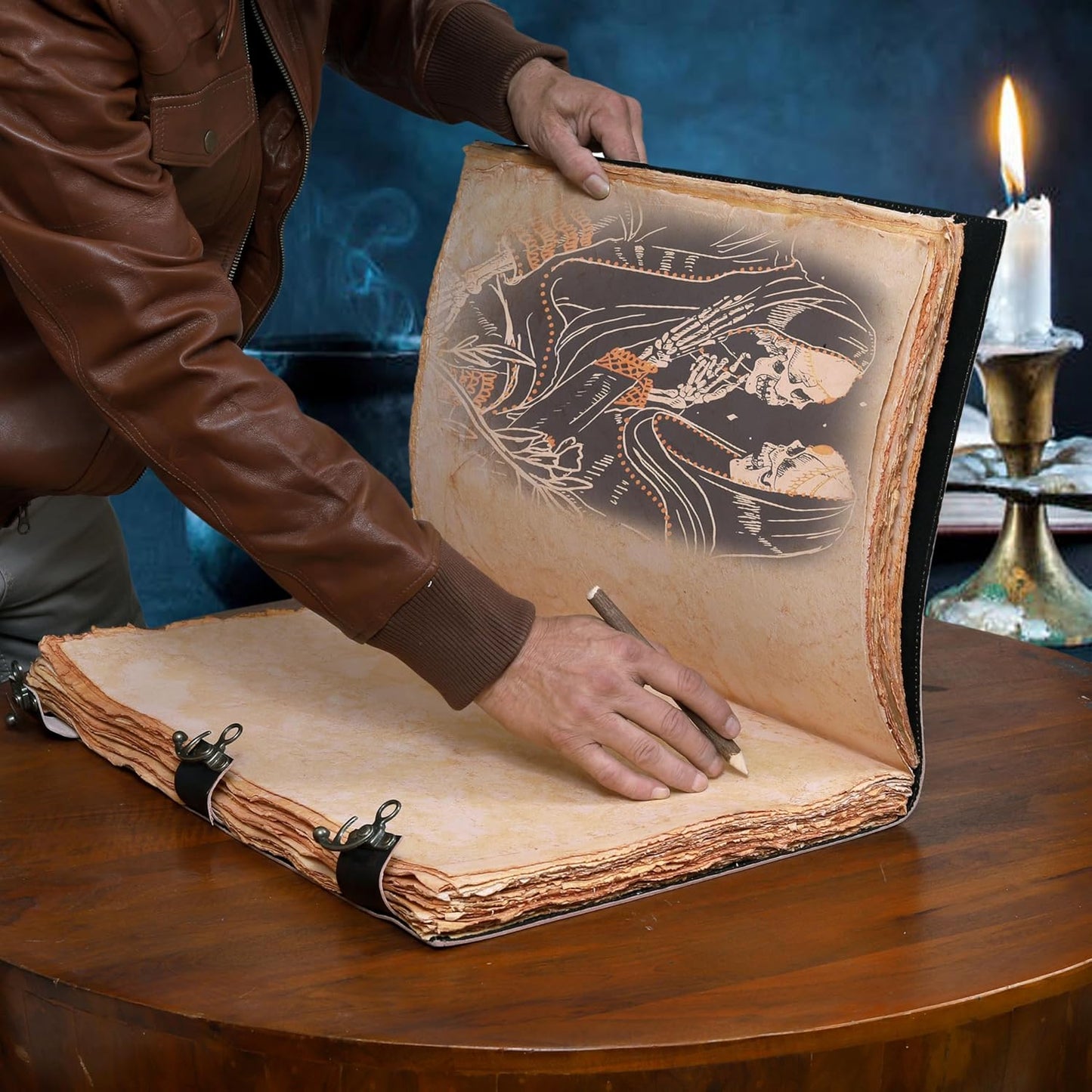 cuero Book of Spells Leather Journal Deckle Edge Paper Grimoire Printed Journal The Lovers Tarot Notebook Spiral Gothic Notebook Skull lover Antique Vintage Leather Journals for Women and Men