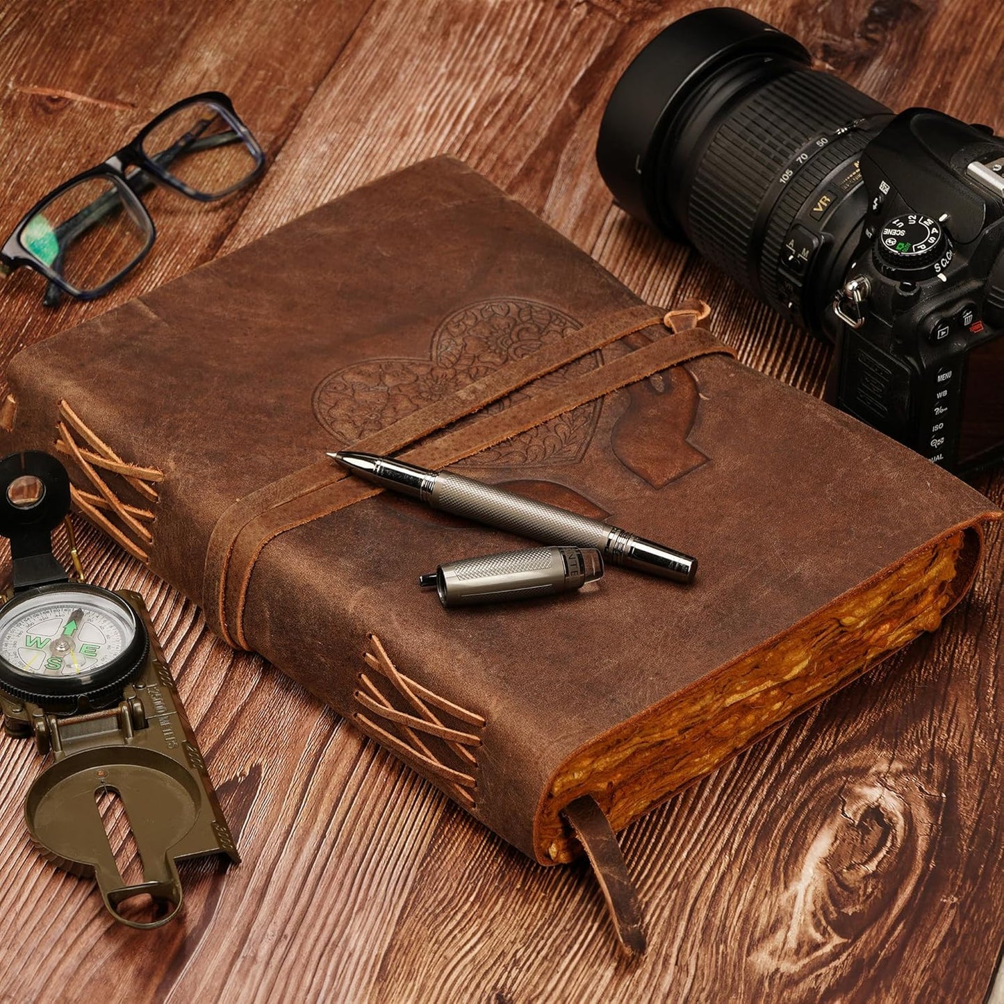 LUXEORIA Heart Journal for Women and Men, Handcrafted Leather Journal for Writing Womens, Sketchbook, Travel Diary with Unlined Deckle Paper, Distressed Brown 7x10