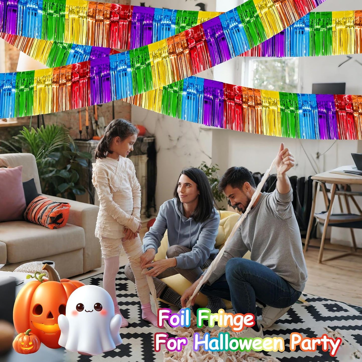 4 Pack 10 Feet Colorful Foil Fringe Garland Rainbow Tinsel Streamers Banner Fringe Curtain Banner for Parade Floats Graduation Homecoming Carnival Birthday Pride Party Decor (Rainbow)