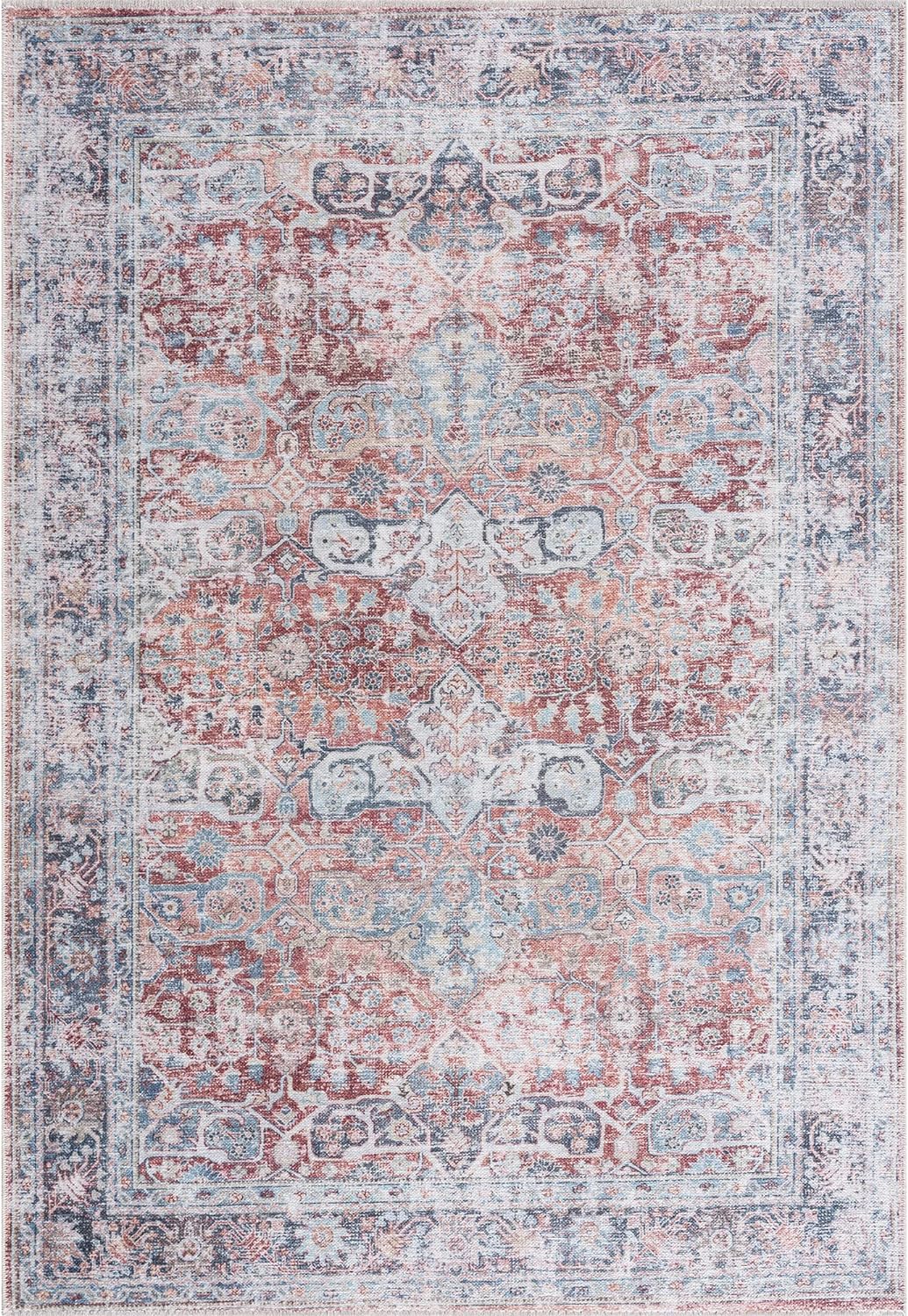 Bloom Rugs Washable Non-Slip 2x3 Rug - Brick/Dark Blue Traditional Oriental Area Rug for Living Room, Bedroom, Dining Room, and Kitchen - Exact Size: 2' x 3'