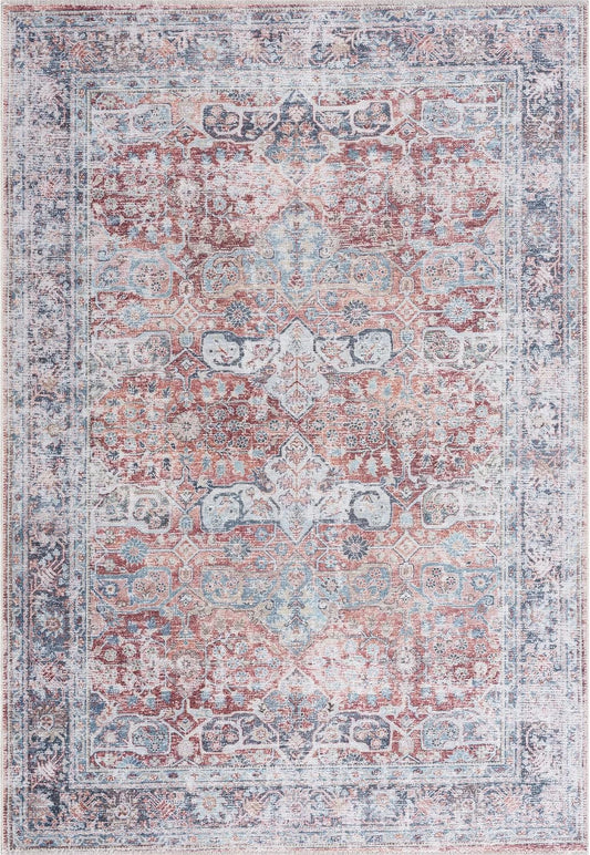 Bloom Rugs Caria Washable Non-Slip 4x6 Rug - Brick/Dark Blue Traditional Area Rug for Living Room, Bedroom, Dining Room, and Kitchen - Exact Size: 4' x 6'