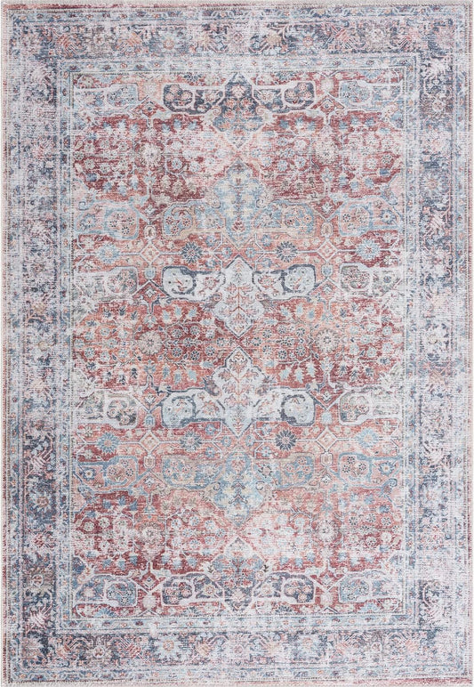 Bloom Rugs Caria Washable Non-Slip 8x10 Rug - Brick/Dark Blue Traditional Area Rug for Living Room, Bedroom, Dining Room, and Kitchen - Exact Size: 7'8" x 10'