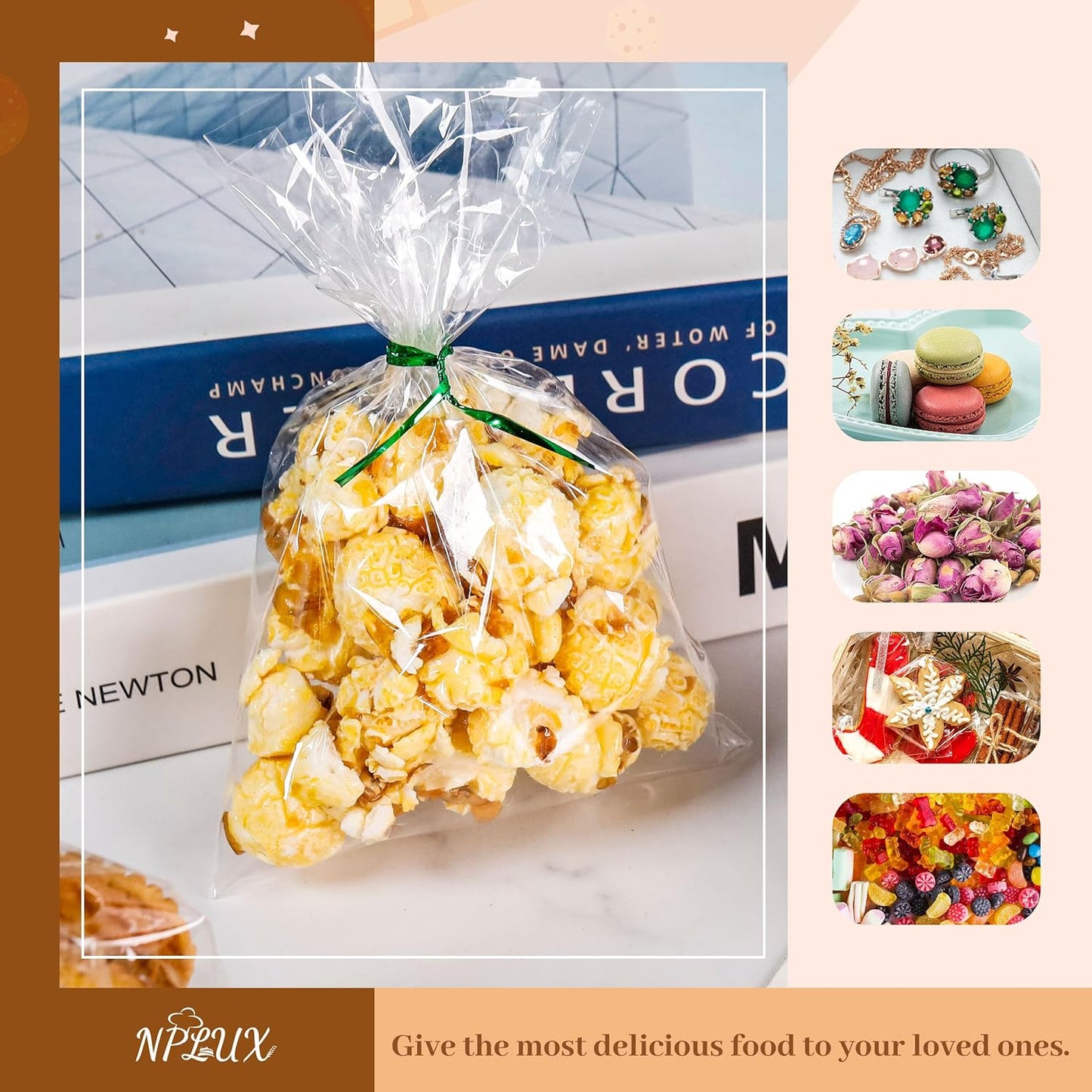 NPLUX 100 Pack Cellophane Bags Small Plastic Cookie Bag Clear Treat Bags with Twist Ties for Small Gift Party Favors, Bakery, Candy, Popcorn(4×6In)