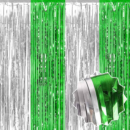 3 Pack Silver Green Foil Fringe Curtains Backdrop, 3.28 x 9.8 Ft Metallic Streamers Tinsel Curtains Background for Photo Booth, Birthday, Halloween, Christmas, Thanksgiving, New Year Party Decorations