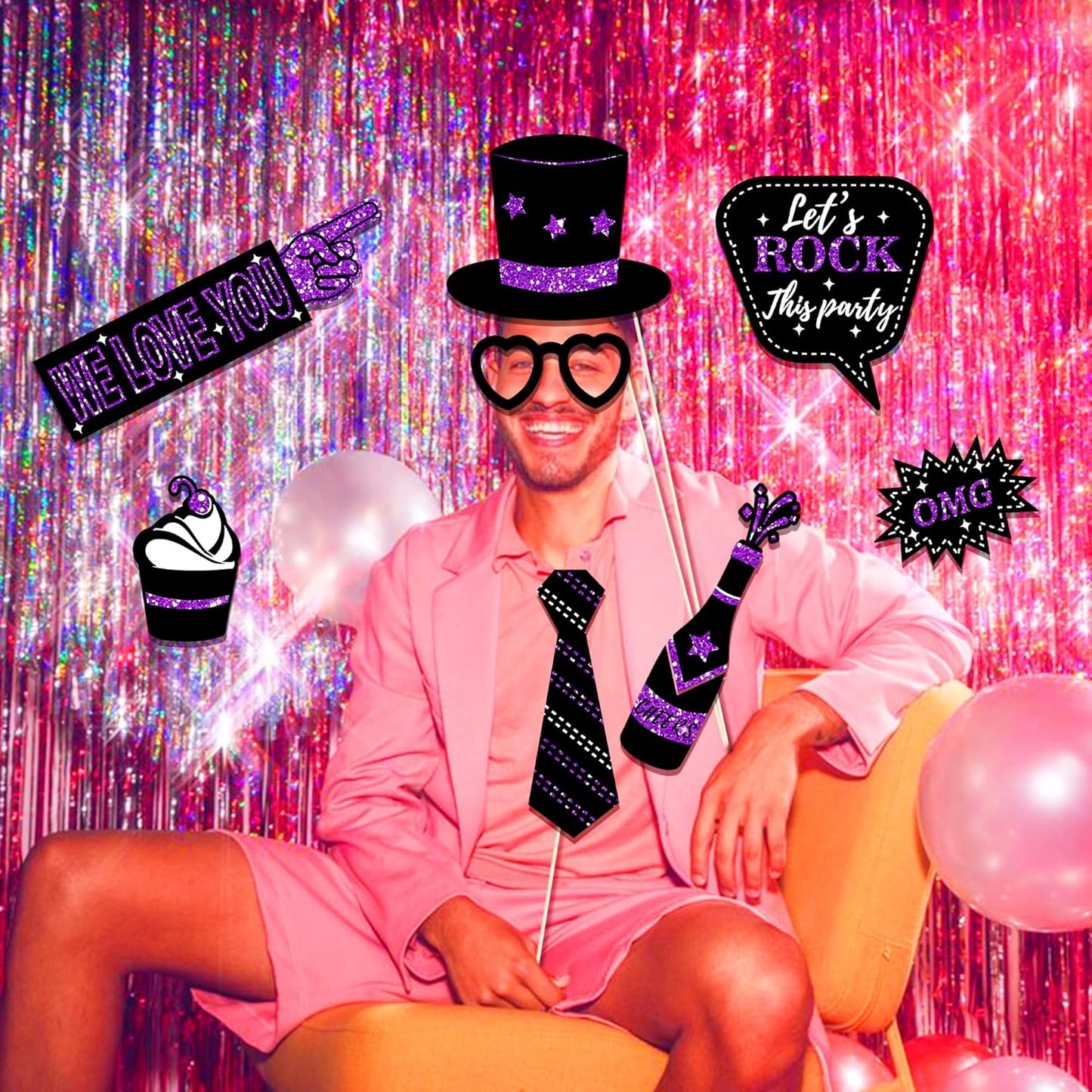 36 PCS Birthday Photo Booth Props Party Supplies Holiday Picture Decorations Photo Booth Props for Birthday Party Favors Pose Sign Kit Fun for Party (Purple and Black)