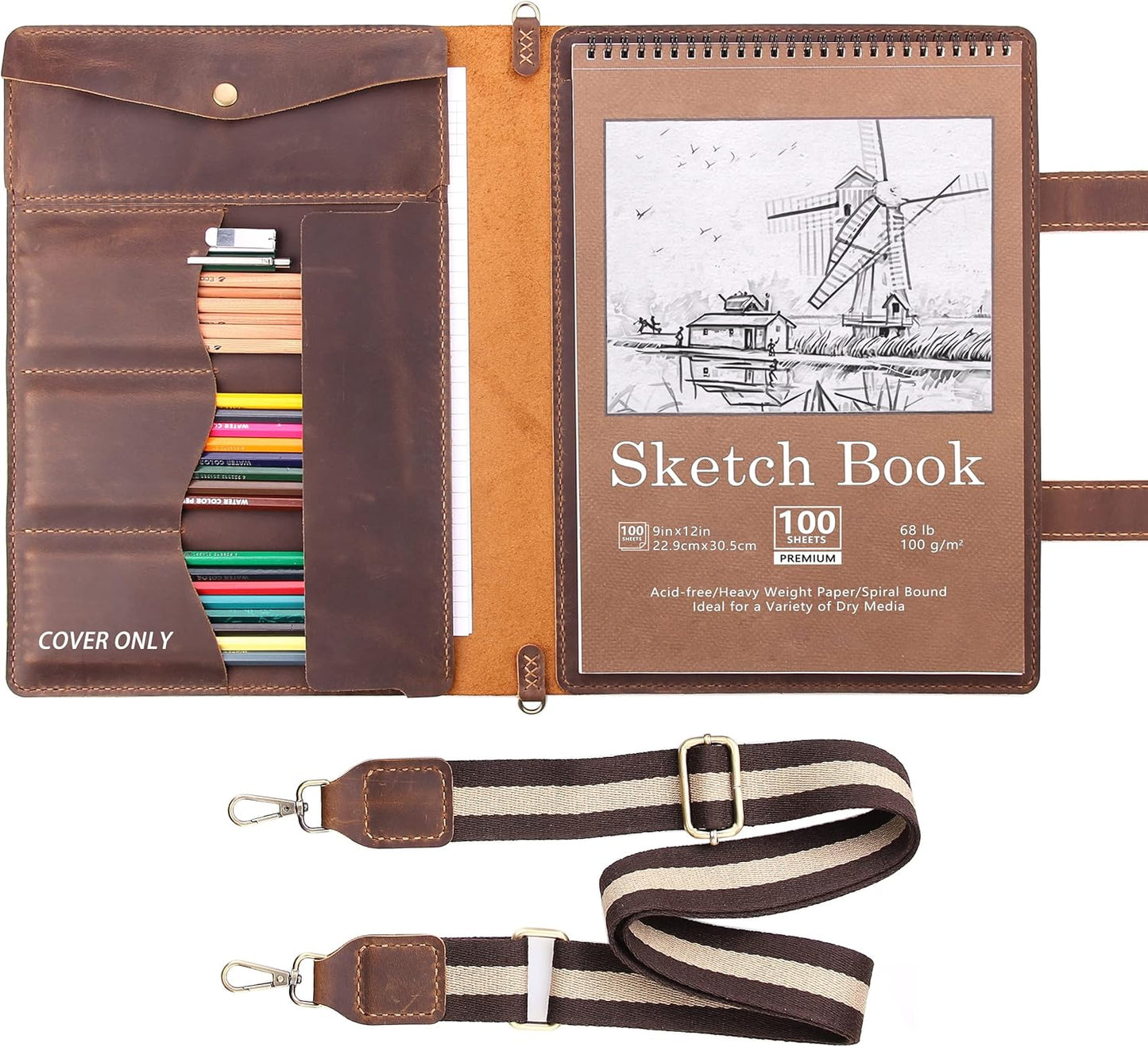 Robrasim Handmade Leather Sketchbook Cover, Artist Sketch Pad Holder for 9"X12" Top Spiral Bound Sketchbook, Drawing Book Pencil Case, Journal Portfolio with Shoulder Strap, Artist Gifts,Brown