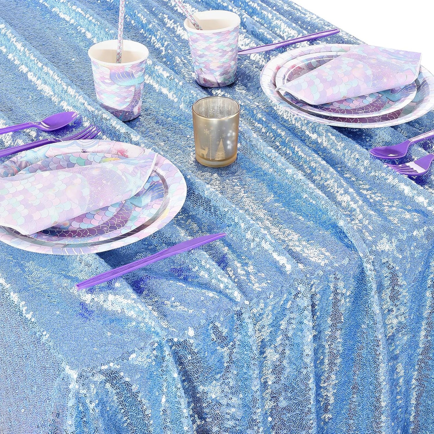 QueenDream Sequin Tablecloth 60"x102" Sparkly Party Table Cloths Sequin Table Cloth Overlay for Wedding Birthday Baby Shower Decoration Baby Blue