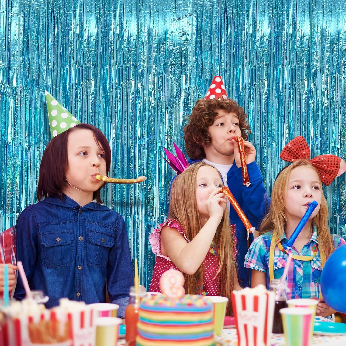 5 Pack Blue Tinsel Streamers Foil Fringe Curtains Backdrop for Baby Shower Graduation Gender Reveal Ocean Disco Theme Party Decorations