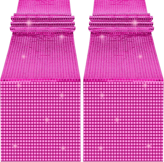 Durony 2 Pack Disco Table Runner 11 x 108 Inch Mirror Hot Pink Glitter Foil With Sparkle Sequin for Bachelorette, 70s, Cowgirl Party Decorations
