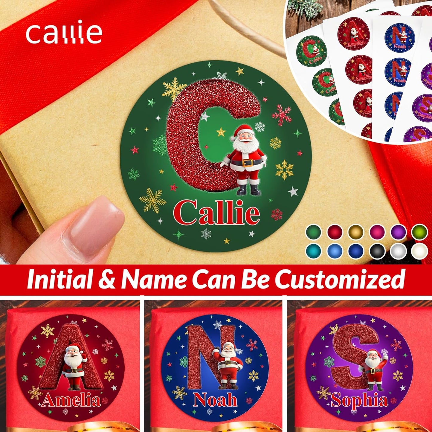 Personalized Christmas Stickers - Custom Name Waterproof Christmas Gift Tags for Gift Box Xmas Holiday Decorations Party Favors - 30 Stickers (Santa Claus Initial)