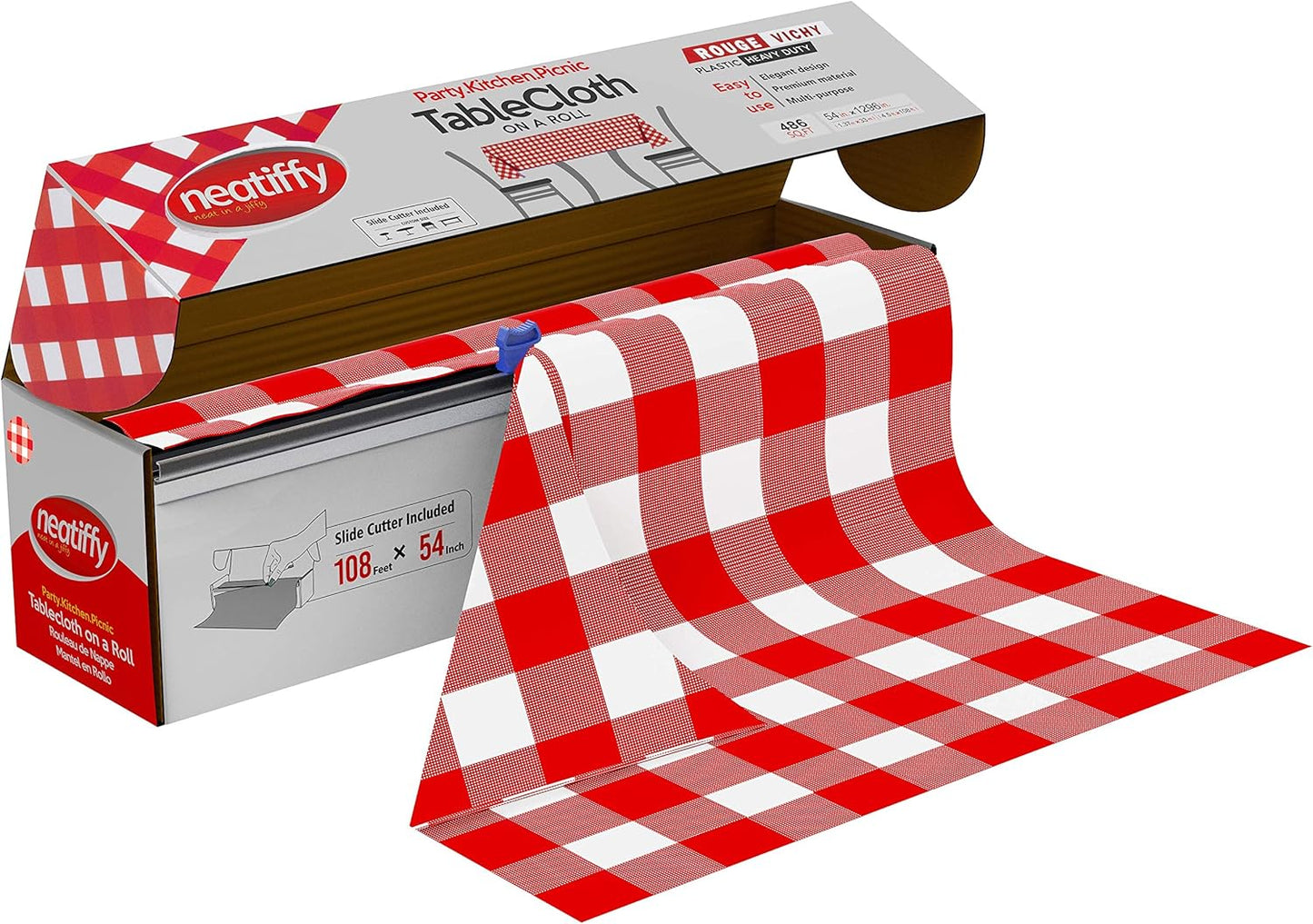 Neatiffy Disposable Plastic Table Cloth Roll | 54 in x 108 Ft Waterproof Tablecloth | Table Cover for Rectangle, Square, Round Oval Tables | Picnic, Party, Banquet, Birthdays, Weddings, Red Checkered