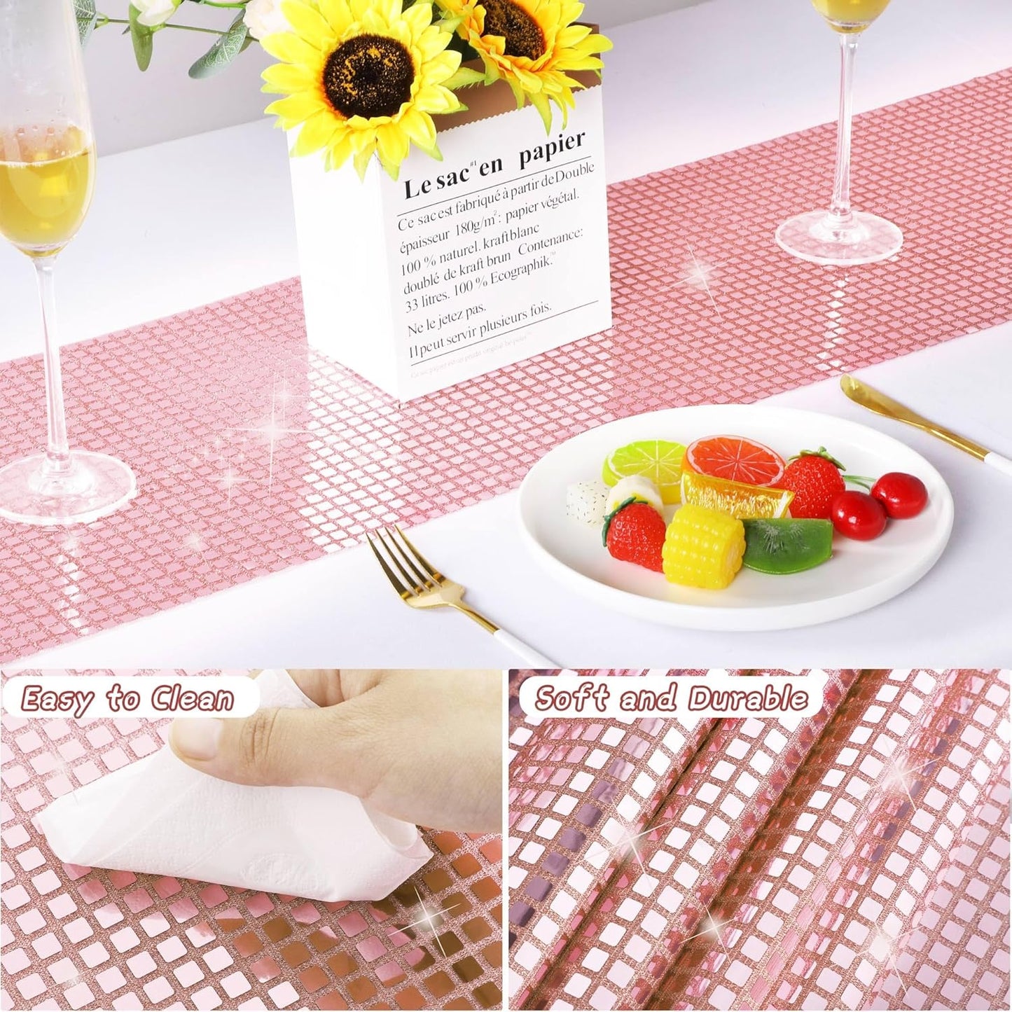 Durony 2 Pack Disco Table Runner 11 x 108 Inch Mirror Rose Gold Glitter Foil With Sparkle Sequin for Bachelorette, 70s, Cowgirl Party Decorations