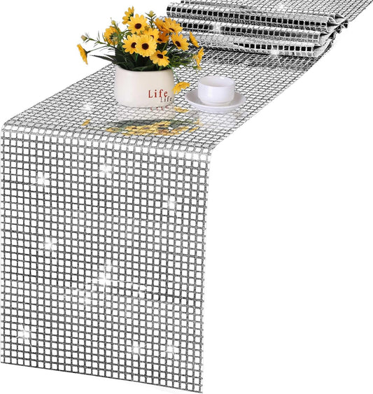 Durony Disco Table Runner 11 x 108 Inch - Mirror Silver Glitter Foil With Sparkle Sequin for Bachelorette, 70s, Cowgirl Party Decorations
