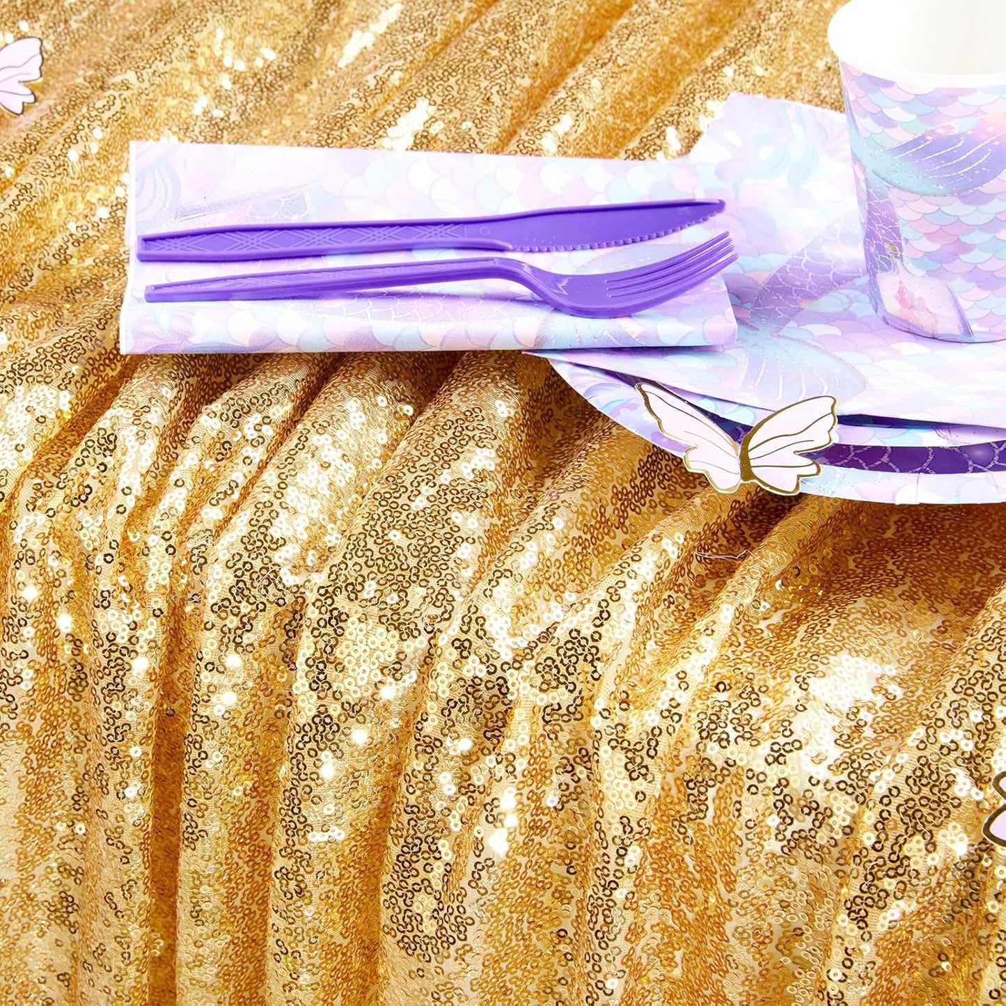 QueenDream Gold Table Cloth Party Decorations: Sequin Fabric 90x90 Inch Sparkle Tablecloths - Gold Drapes Wedding Overlay