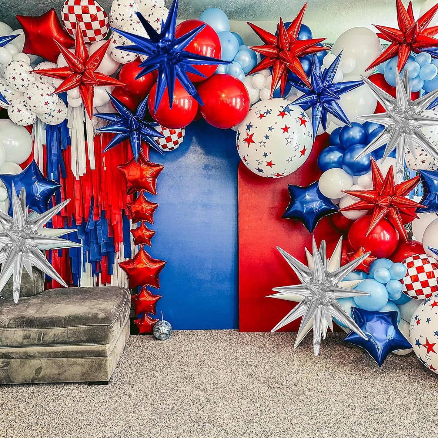 Red Blue Silver Star Balloons,9Pcs 22Inch Blue Red Silver Explosion Spike Cone Helium Polyester Film Star Foil Balloons for Birthday Anniversary Baby Shower 4th of July Disco Party Decorations