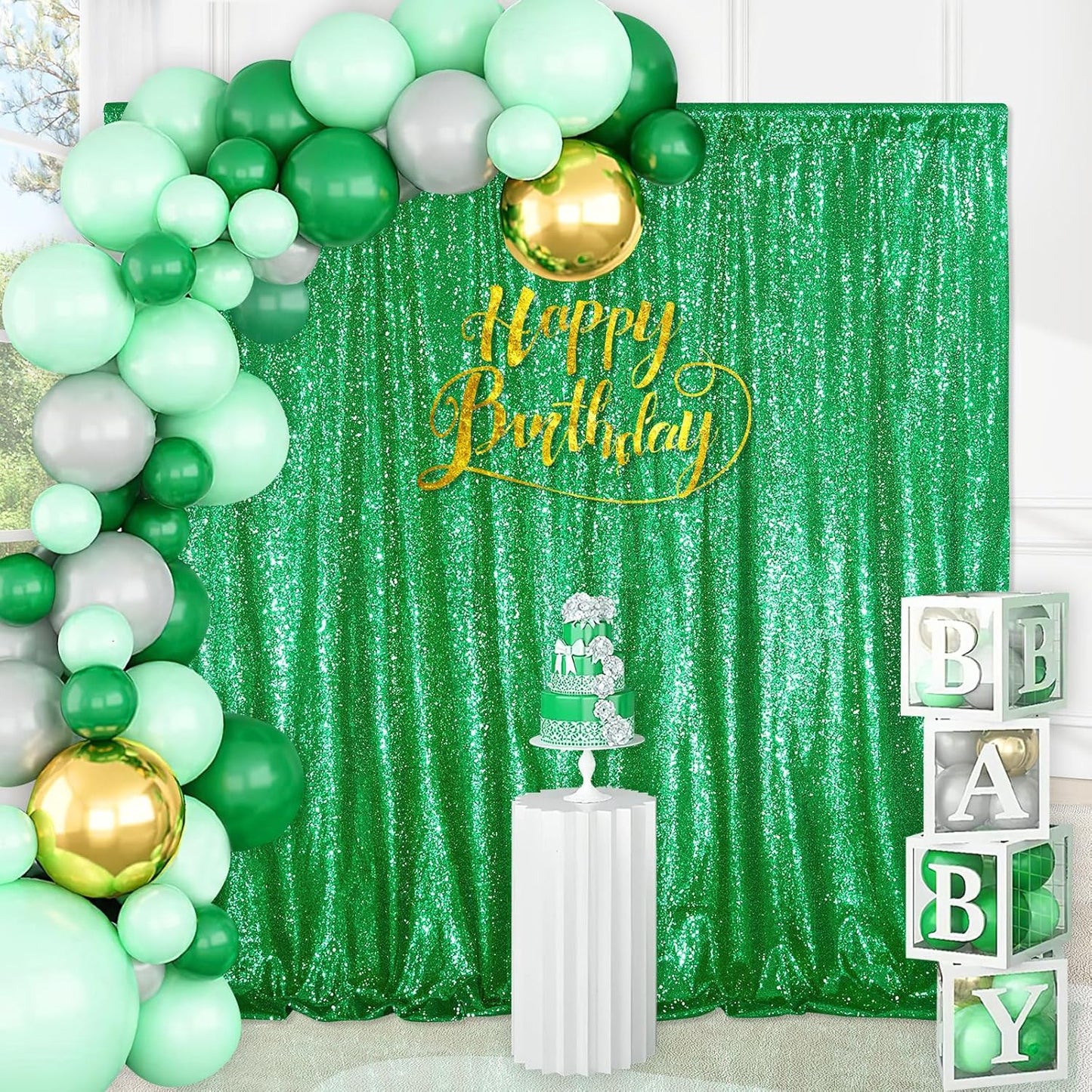 QueenDream Green Sequin Backdrop Curtain Party Backdrop Curtain 8ft x 8ft for Glitter Birthday Wedding Curtains