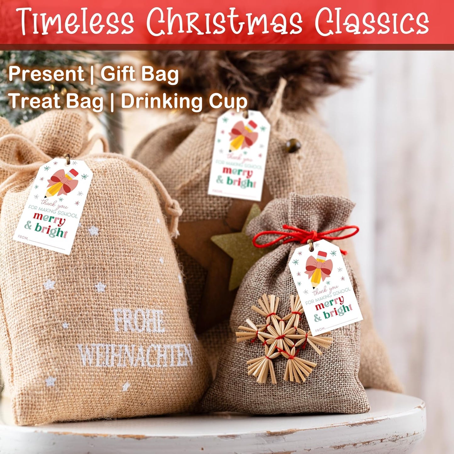 50 Pcs Christmas Gift Tags, 2.1"×3.5" Teacher Gift Tag, Classroom Treat Tag, Teacher Appreciation Hangtag,Wrap for Party Favor - B12