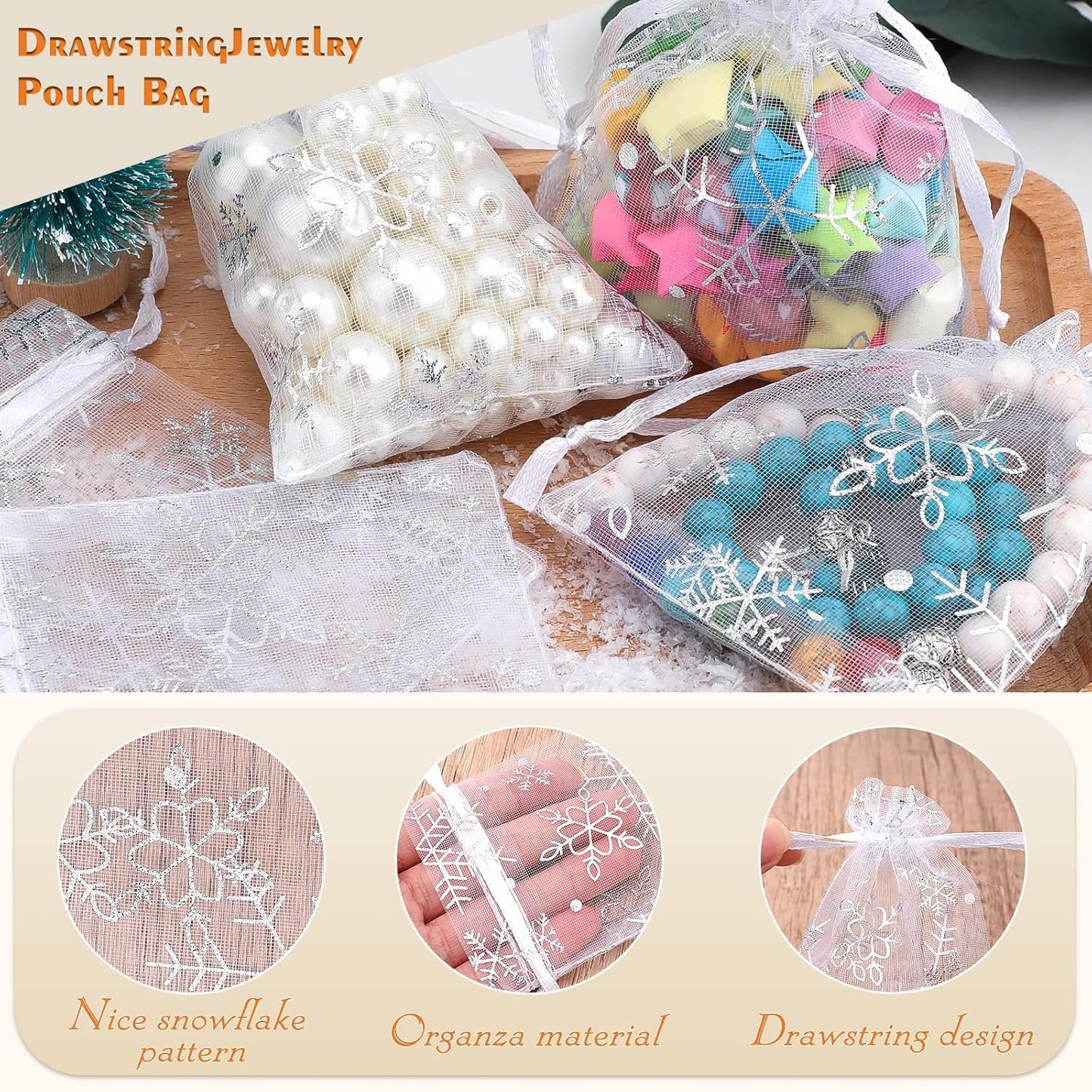 jijAcraft 3x4 Inch Christmas Organza Bags - 50Pcs White Snowflake Gift Bags with Drawstring, Xmas Party Favor Sheer Mesh Pouches for Winter Gift, Candy, Jewelry Bag