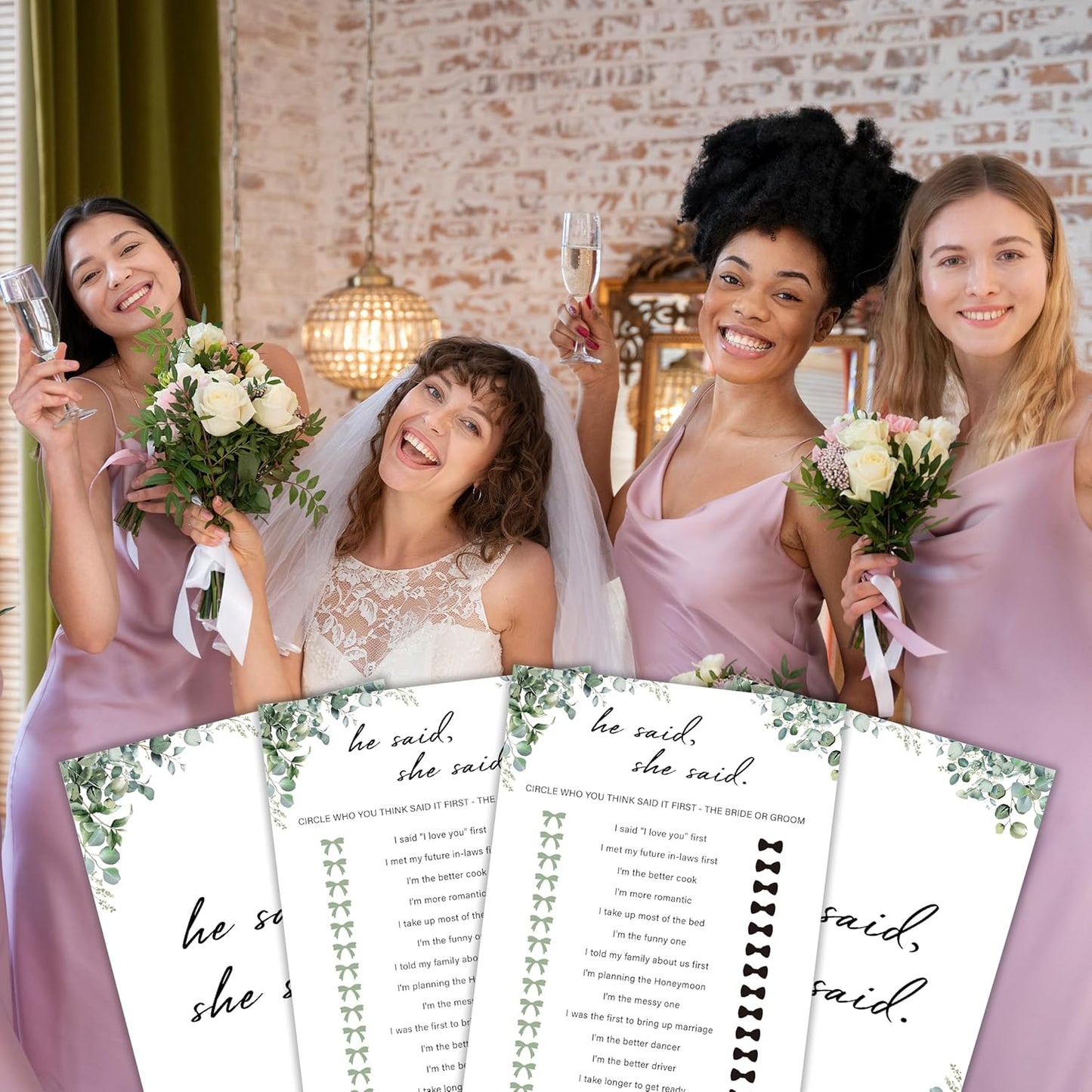 Eucalyptus Bridal Shower Game Cards - He Said She Said, Wedding Engagement Bachelorette Party Bridal Shower Games for 30 Guests, Double Sided Cards Set of 30, Activity Supplies & Favor/A01