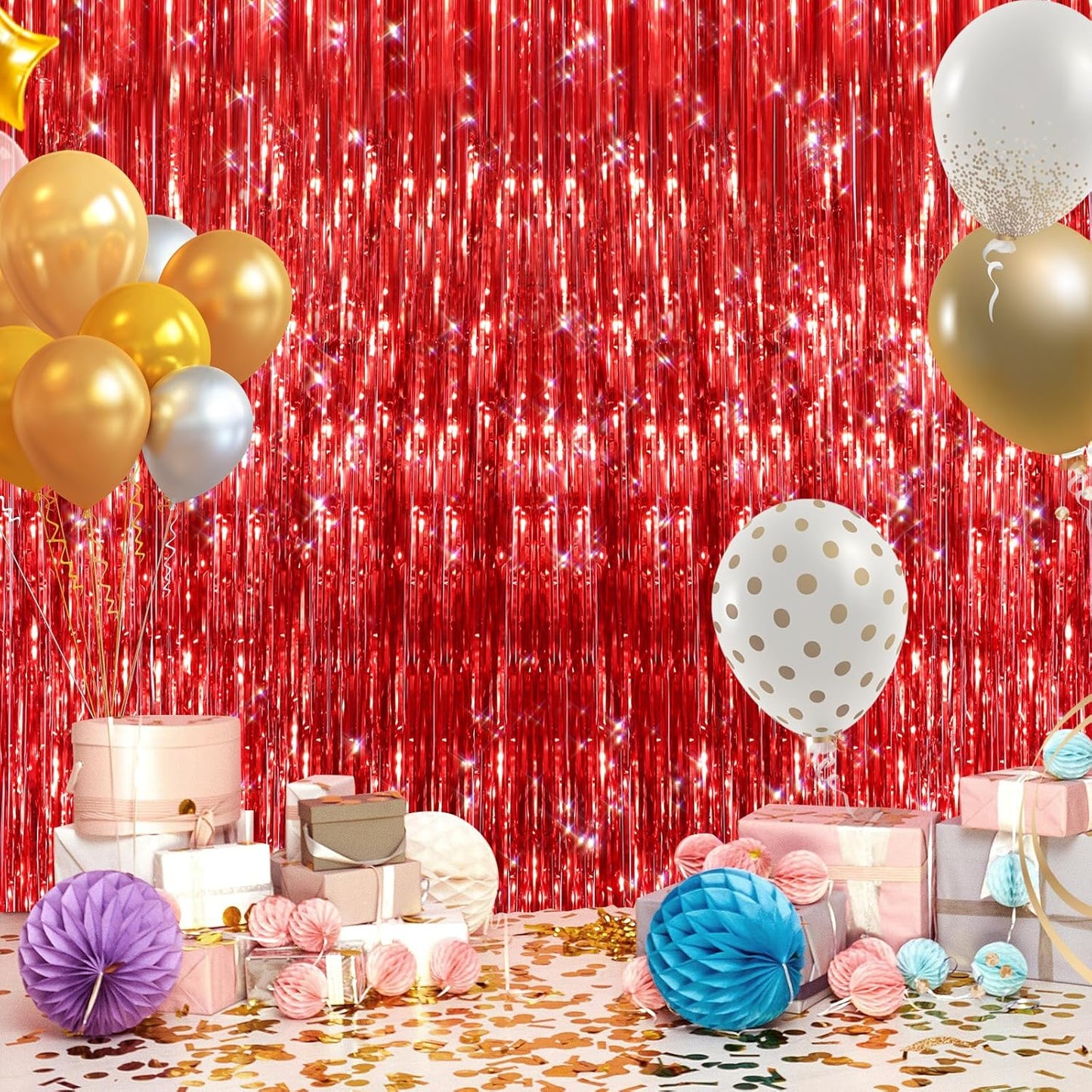 2Pack Red Foil Fringe Curtain, Glitter Red Metallic Tinsel Foil Fringe Curtains Photo Booth Backdrop for Birthday Party, Door Streamers for Wedding Bridal Shower Bachelorette Xmas Party Decorations