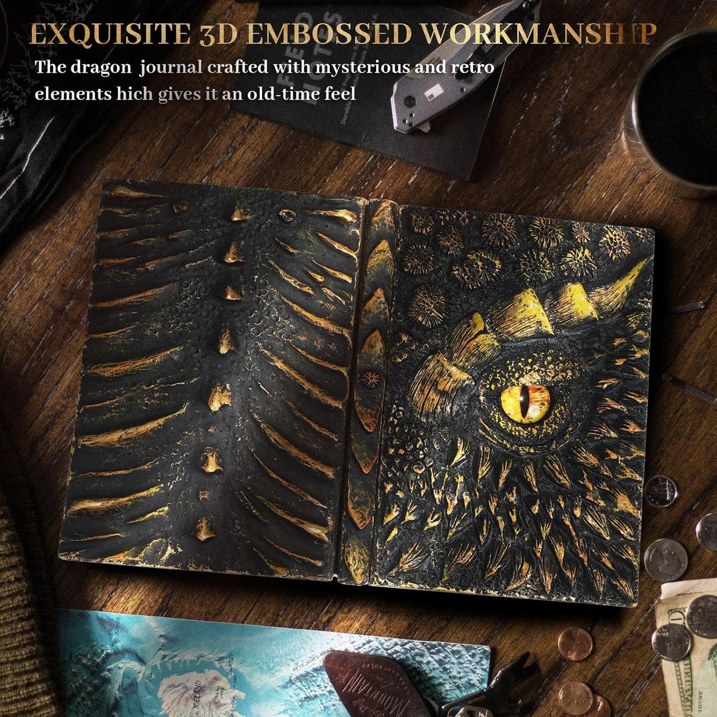 molshine A5 (7.3" x 5.1") 3D Dragon Embossed Journal,Resin Engraving Notebook,Retro Diary,100 Sheets Blank Paper,Hardcover Travel Notepad for Writing,Sketchbook,Collection,Gift,Decoration (Gold)