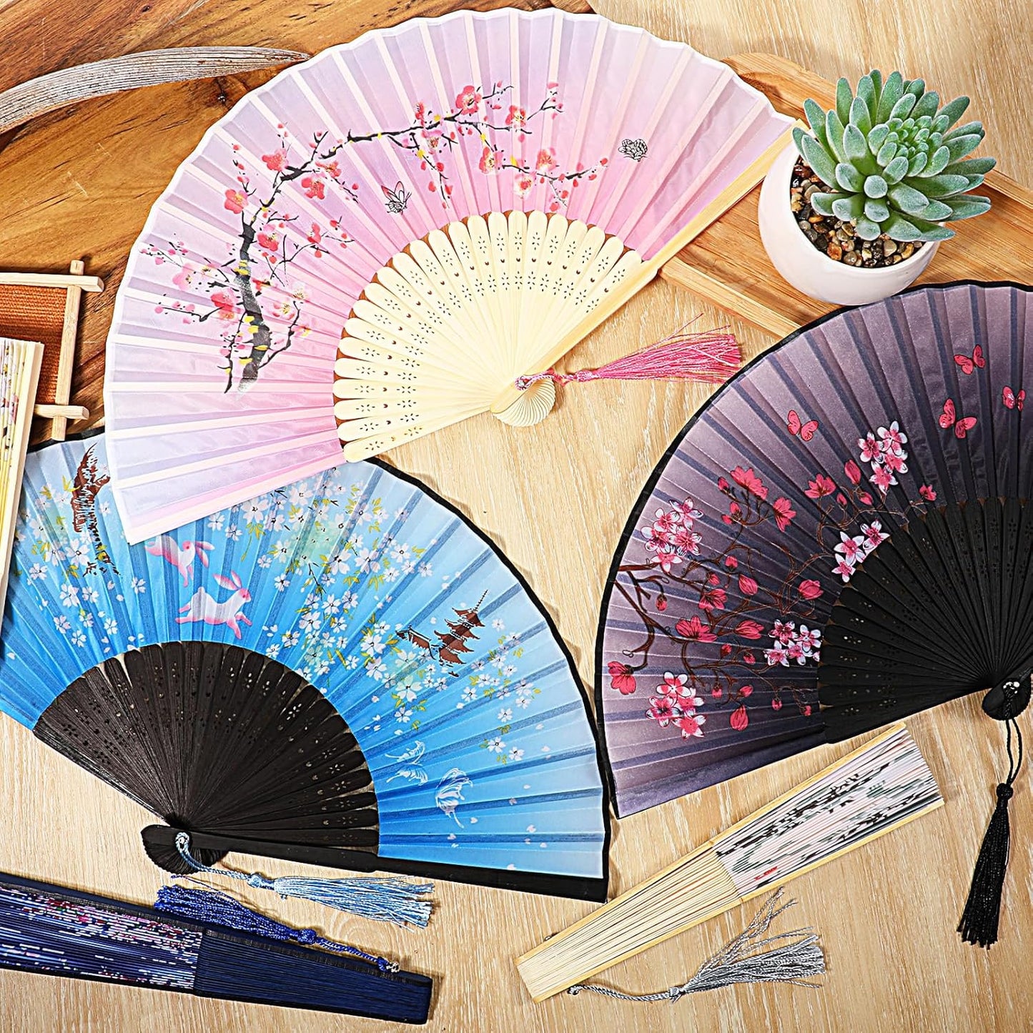 12 Pcs Fans for Line Dancing Vintage Silk Floral Folding Fan Chinese Hand Fans for Women Bulk Bamboo Handheld Fan with Tassel for Wedding Party Cosplay Supplies