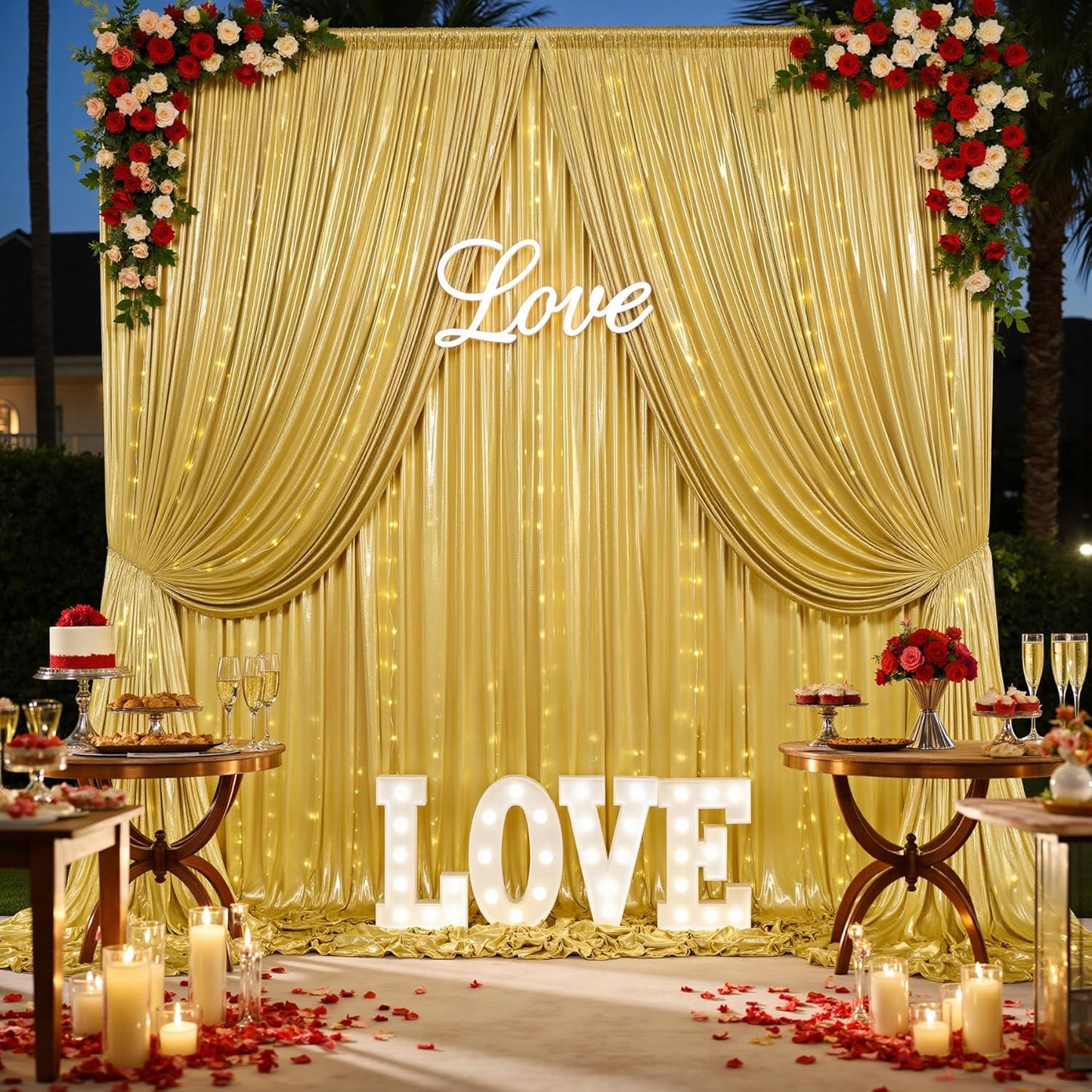 10x10 Gold Sequin Backdrop Curtain with Lights-Wrinkle Free Thick Glitter Backdrop Drapes for Wedding Parties Events Halloween Decor-2 Panels 5×10ft Shimmer Photo Booth Background for Photography