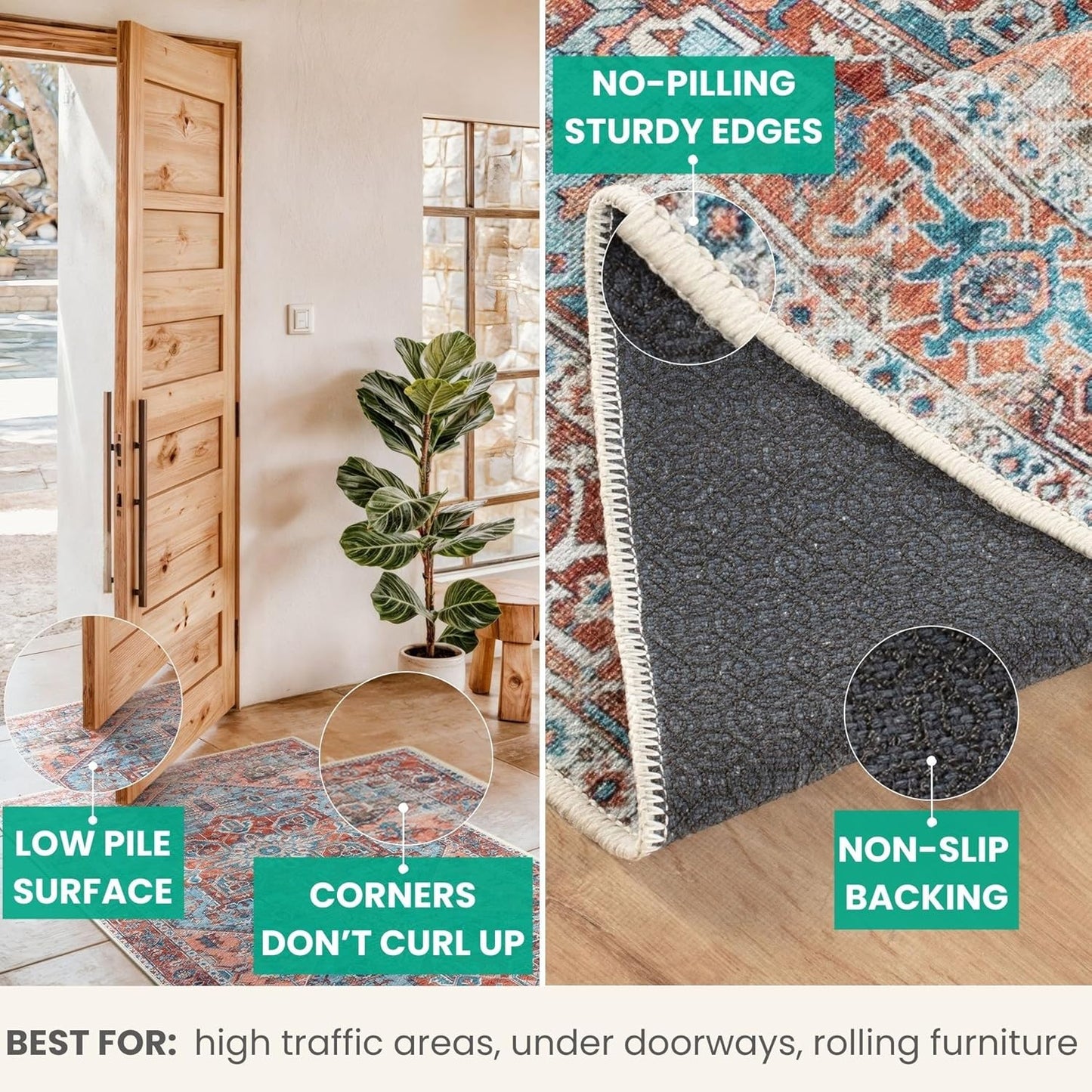 Bloom Rugs Washable Non-Slip 10 ft Runner - Coral/Sky Blue Traditional Medallion Runner for Entryway, Hallway, Bathroom, and Kitchen - Exact Size: 2.5' x 10'