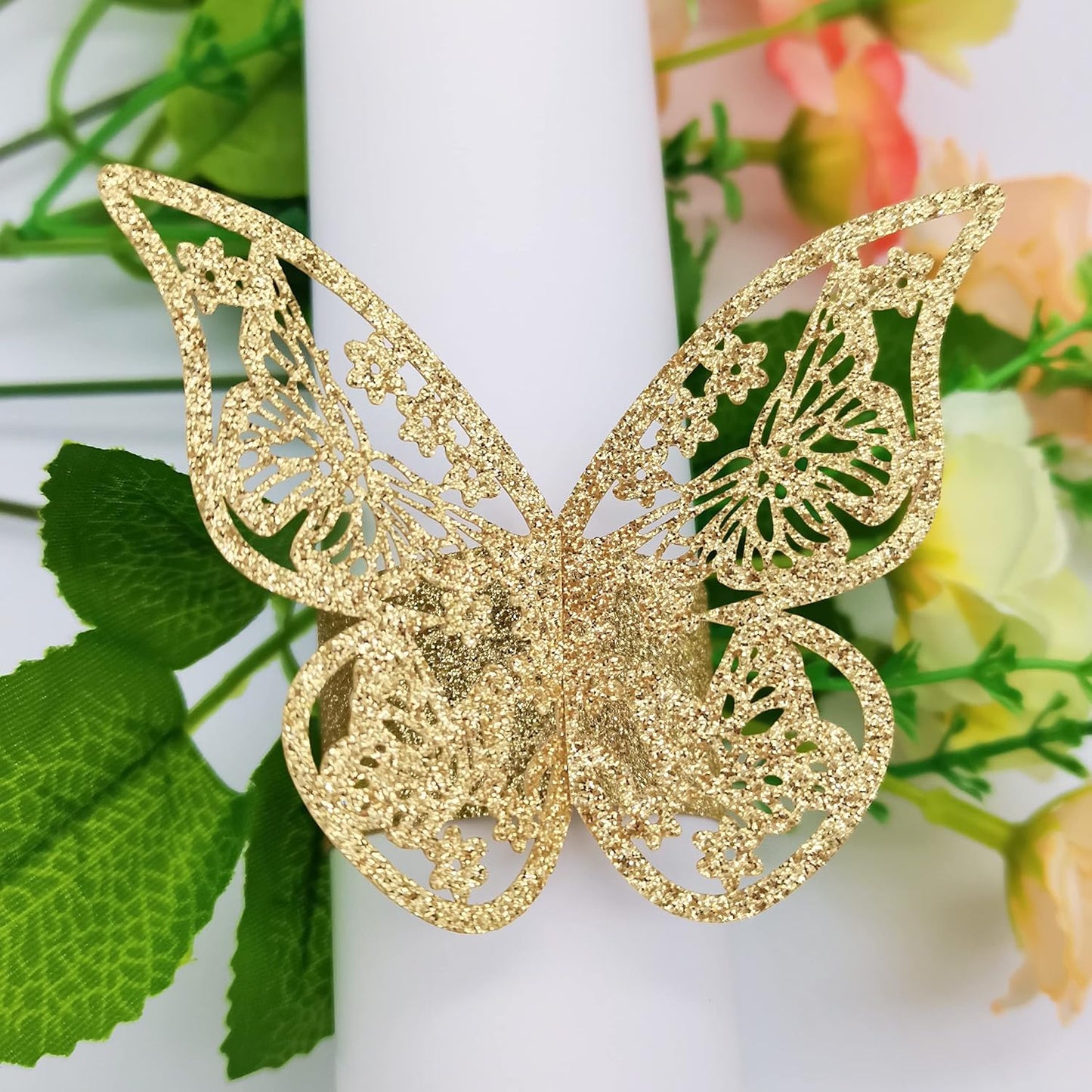 Butterfly Bright Gold Paper Napkin Rings Set of 100 pcs，3D Laser Cut Foil Cutout Paper Napkins Holder,Disposable Serviette Rings for Tables,Decorations,Wedding,Dinner,Party Decor