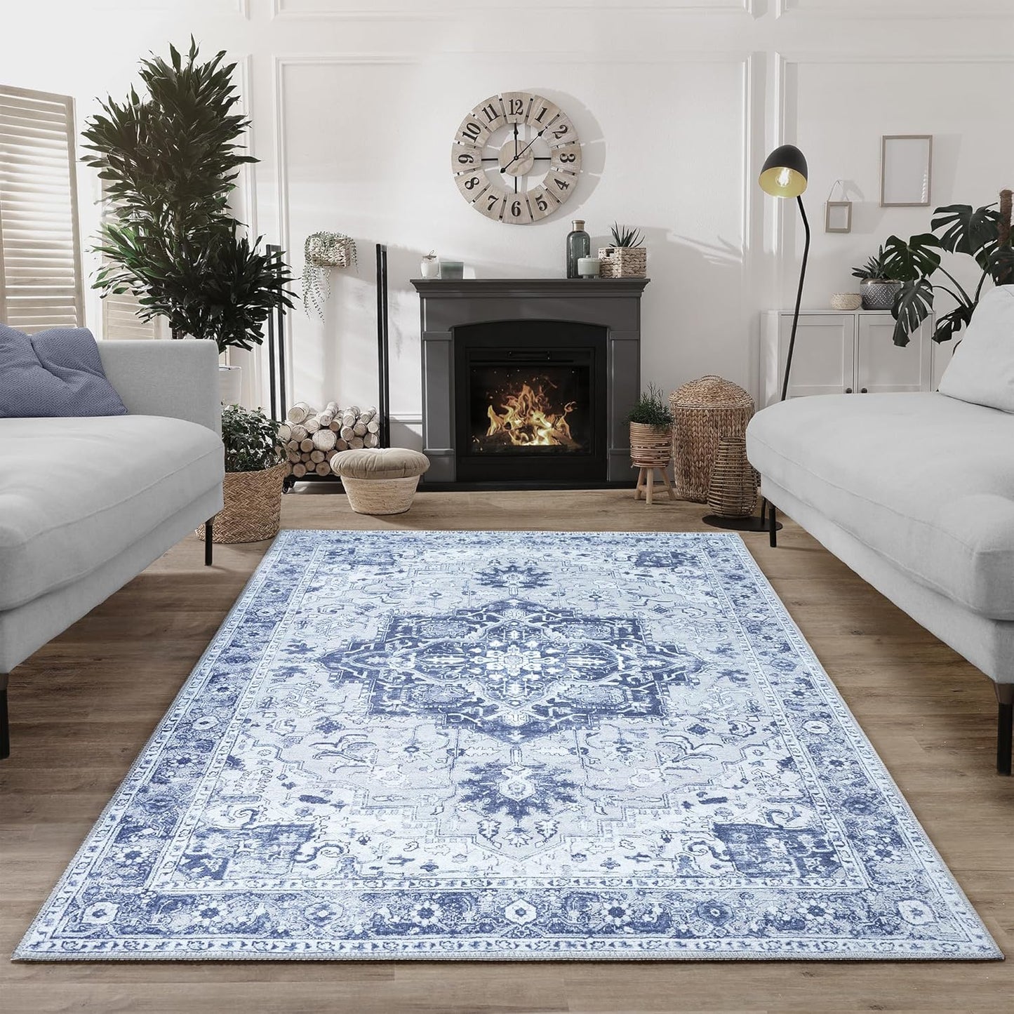 Bloom Rugs Washable Non-Slip 4' x 6' Rug - Gray/Blue Traditional Medallion Area Rug for Living Room, Bedroom, Dining Room, and Kitchen - Exact Size: 4' x 6'