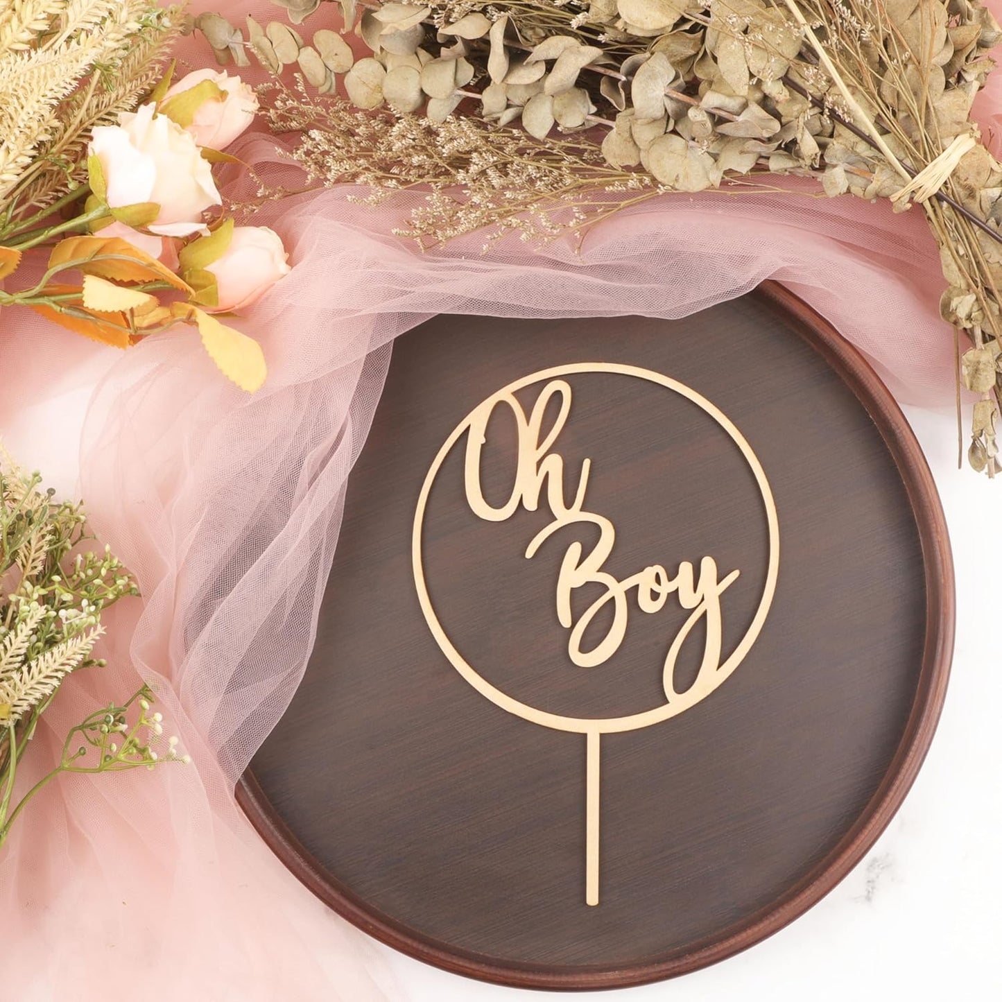 Oh Boy Cake Topper - Wooden Oh Boy Baby Shower Cake Decorations - Baby Shower Cake Topper for First Birthday/Gender Reveals Party, Photo Booth Props