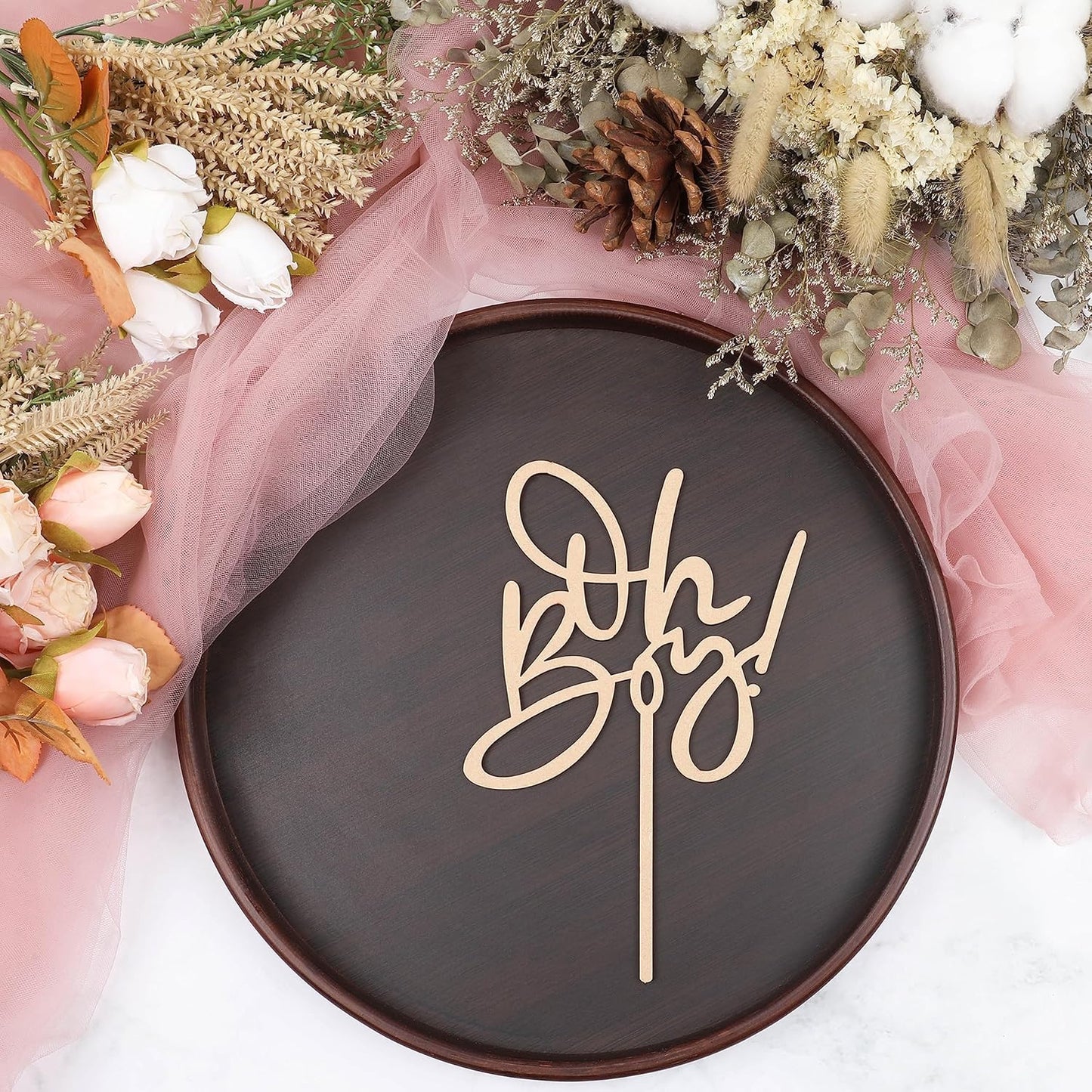 Oh Boy Cake Topper - Wooden Baby Shower Cake Decorations for First Birthday/Gender Reveals Party, Photo Booth Props