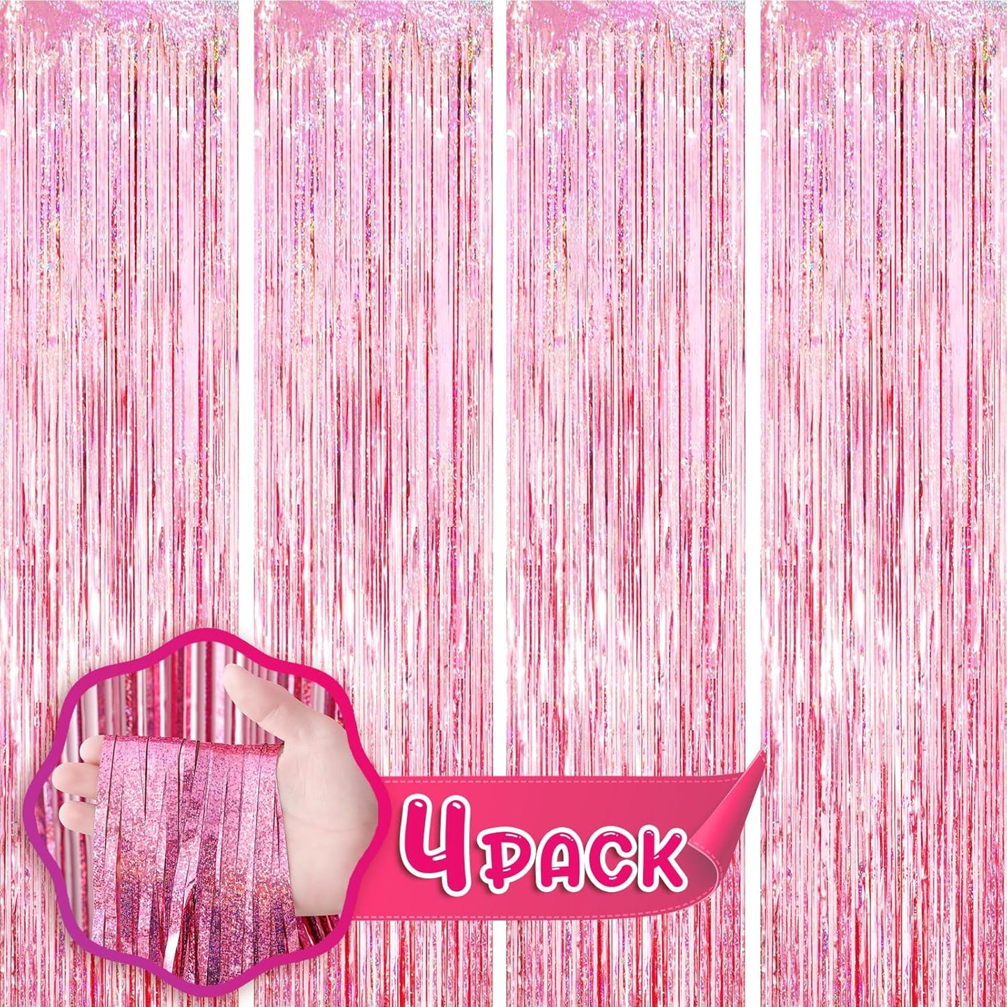 4 Pack 3.3x8.2 Feet Laser Pink Foil Fringe Backdrop Curtains, Tinsel Streamers Birthday Party Decorations, Fringe Backdrop for Graduation, Baby Shower, Gender Reveal, Disco Party